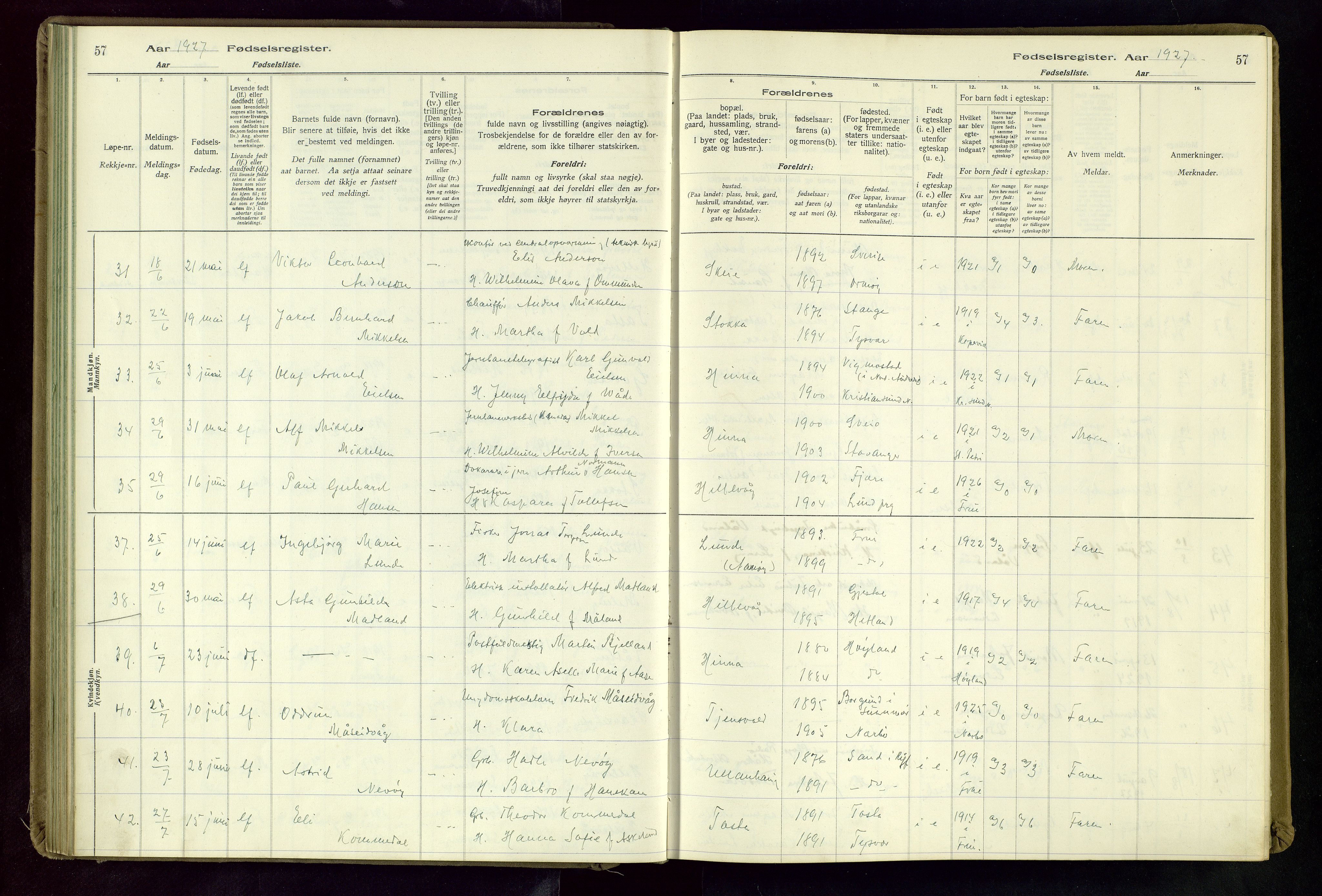 Hetland sokneprestkontor, AV/SAST-A-101826/70/704BA/L0004: Birth register no. 4, 1923-1937, p. 57