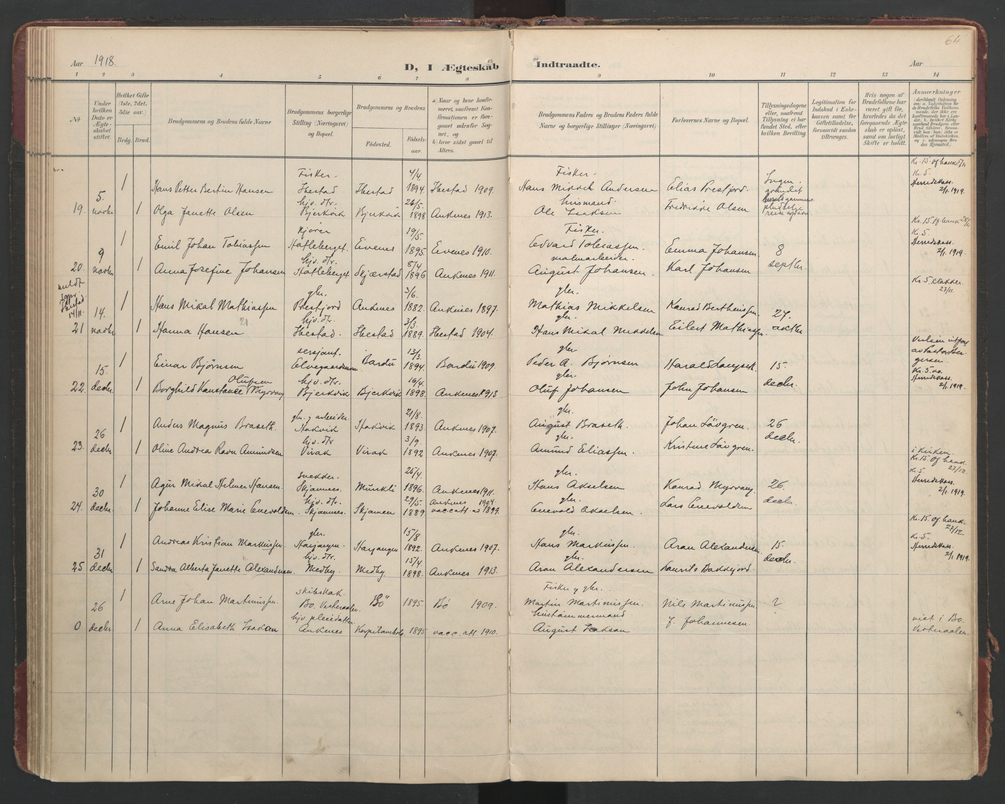 Ministerialprotokoller, klokkerbøker og fødselsregistre - Nordland, AV/SAT-A-1459/866/L0942: Parish register (official) no. 866A05, 1901-1928, p. 64