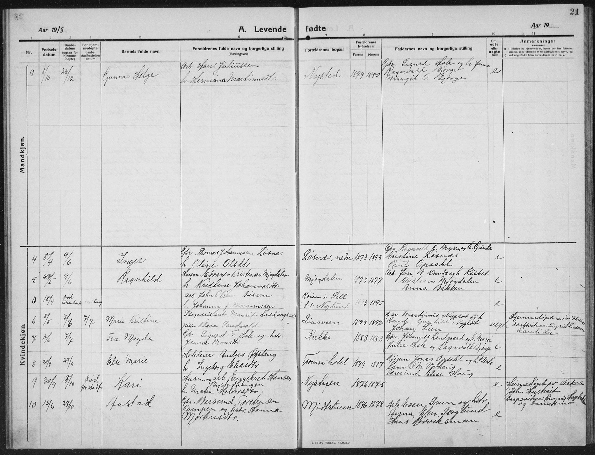 Ringebu prestekontor, SAH/PREST-082/H/Ha/Hab/L0010: Parish register (copy) no. 10, 1911-1934, p. 21