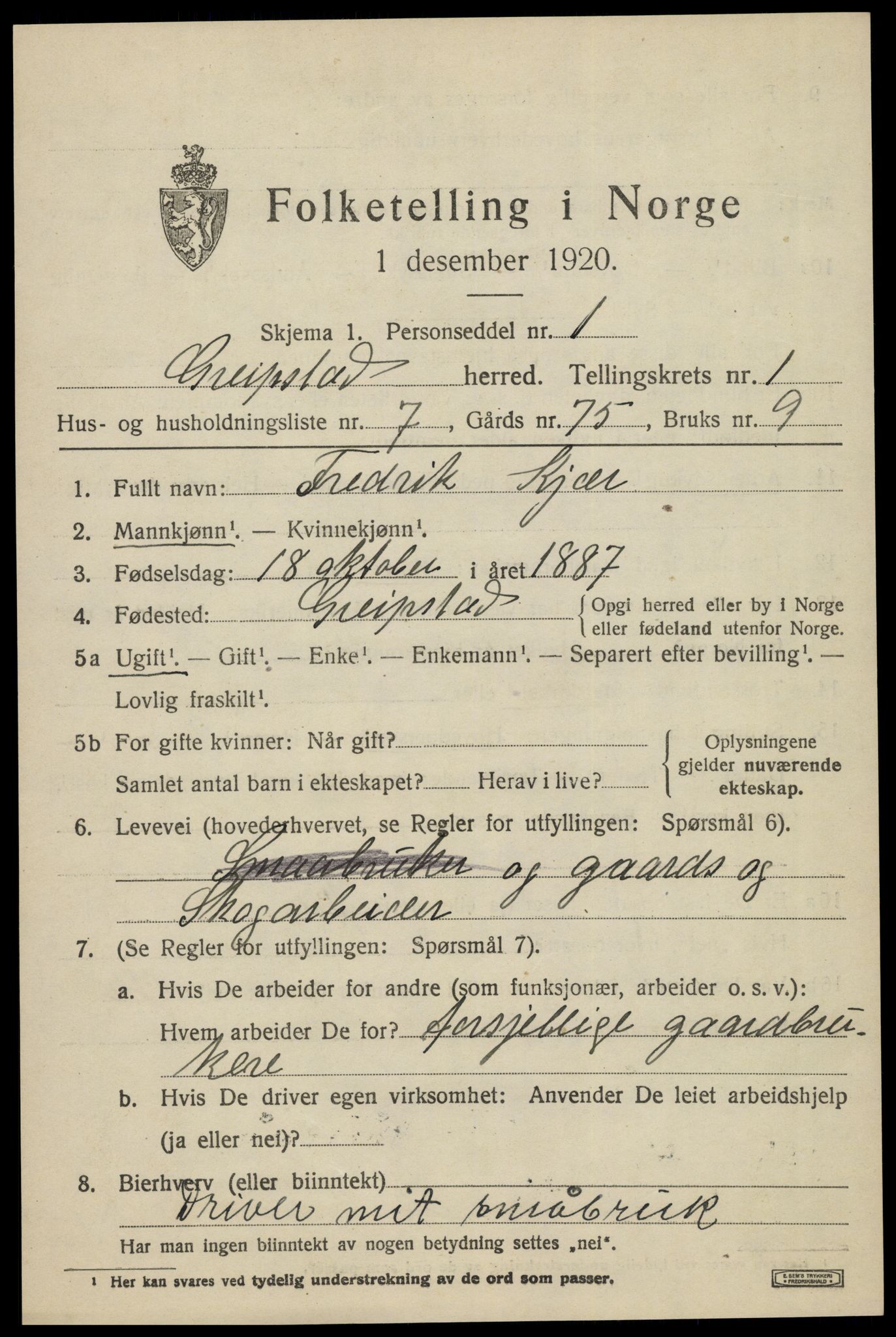SAK, 1920 census for Greipstad, 1920, p. 502