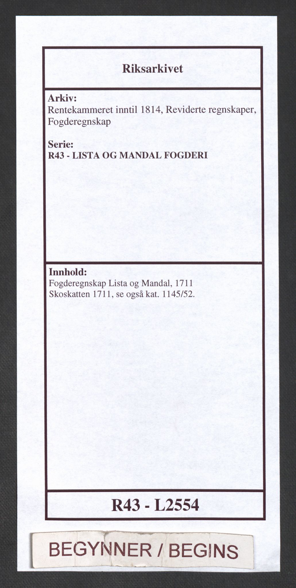 Rentekammeret inntil 1814, Reviderte regnskaper, Fogderegnskap, RA/EA-4092/R43/L2554: Fogderegnskap Lista og Mandal, 1711, p. 1