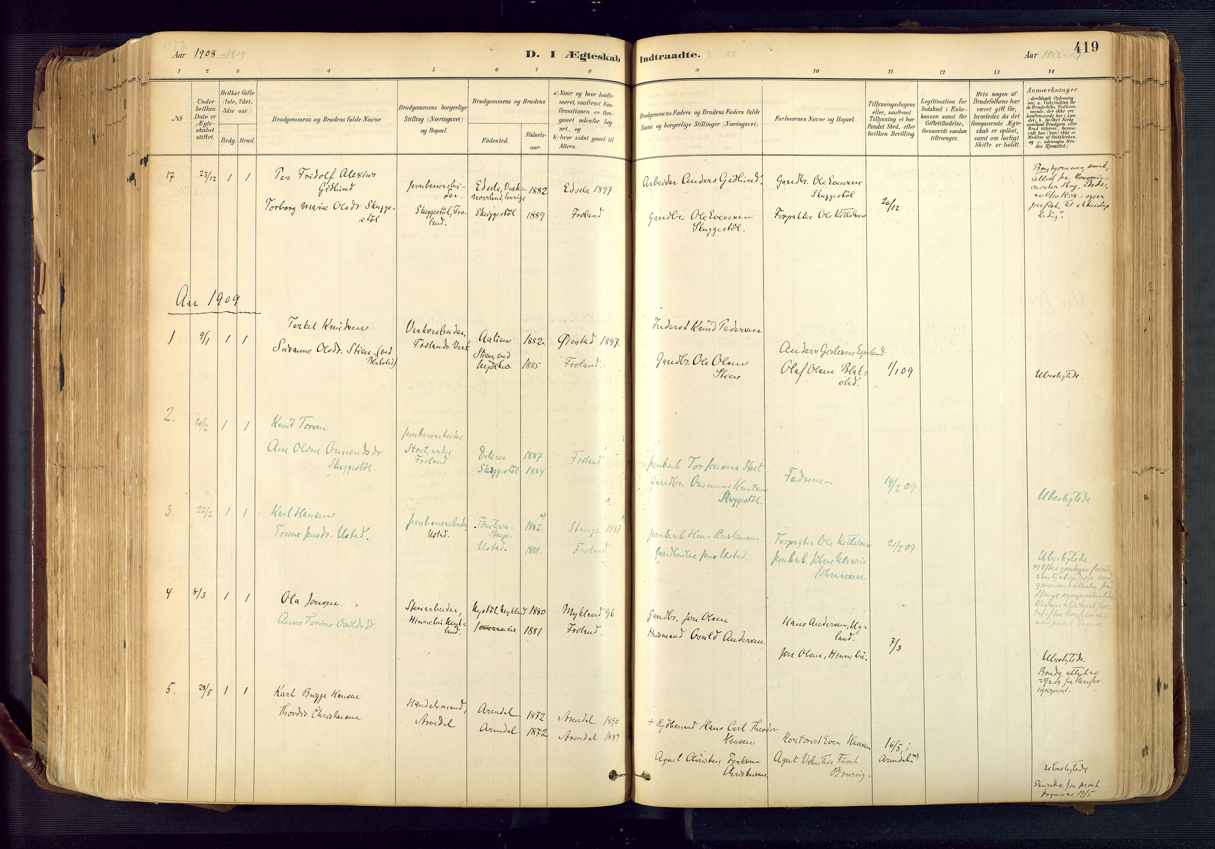 Froland sokneprestkontor, SAK/1111-0013/F/Fa/L0005: Parish register (official) no. A 5, 1882-1921, p. 419