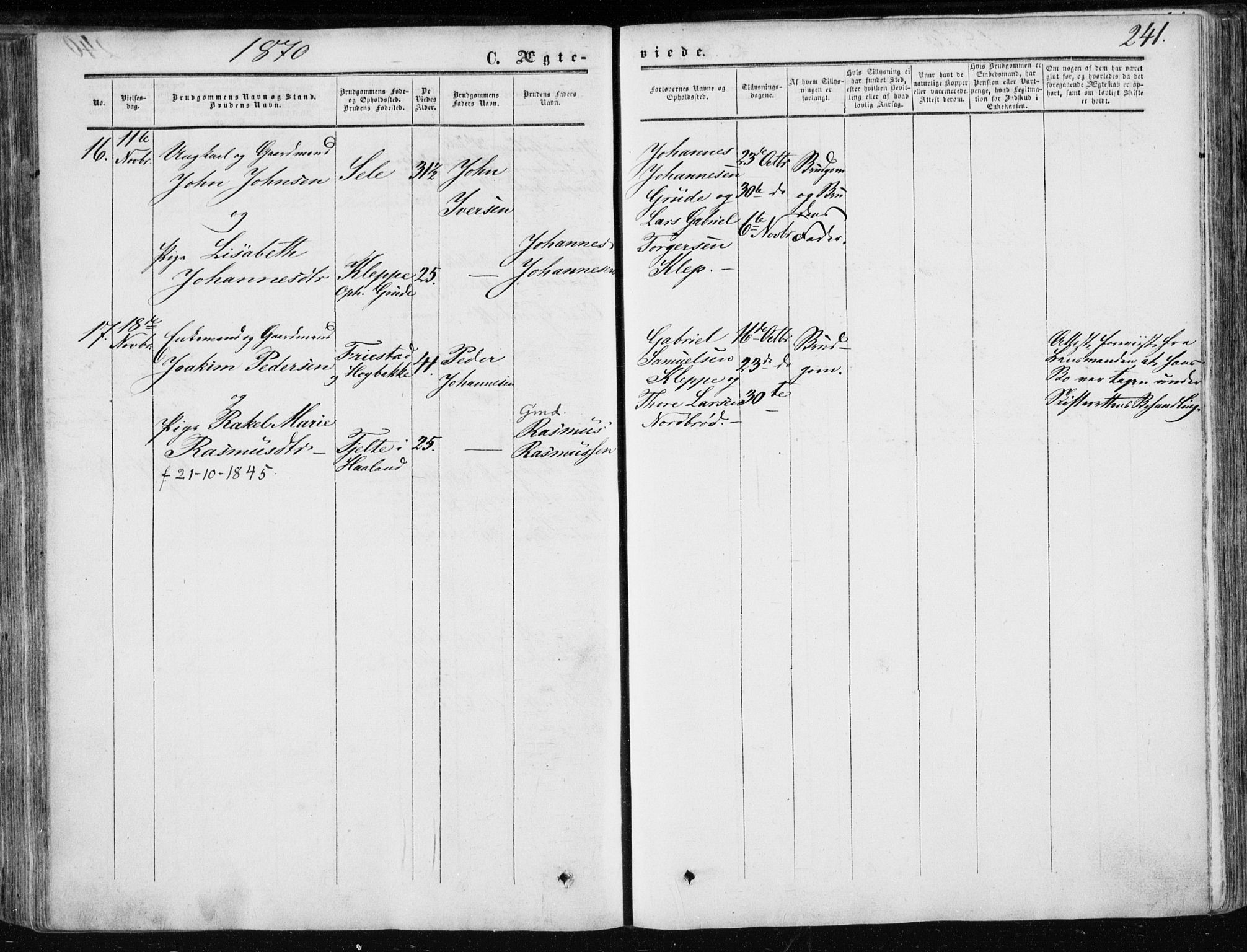 Klepp sokneprestkontor, AV/SAST-A-101803/001/3/30BA/L0005: Parish register (official) no. A 5, 1853-1870, p. 241