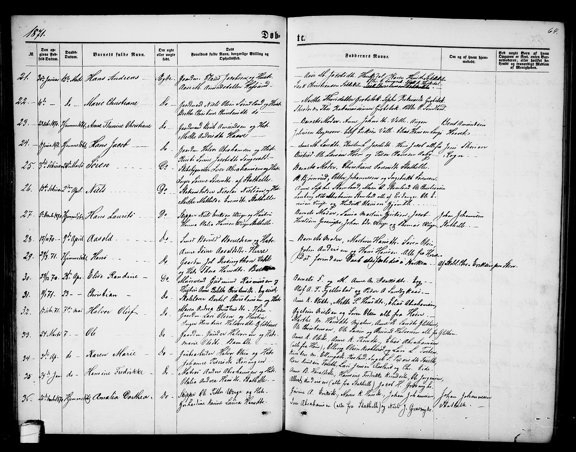 Bamble kirkebøker, AV/SAKO-A-253/G/Ga/L0006: Parish register (copy) no. I 6, 1860-1876, p. 64