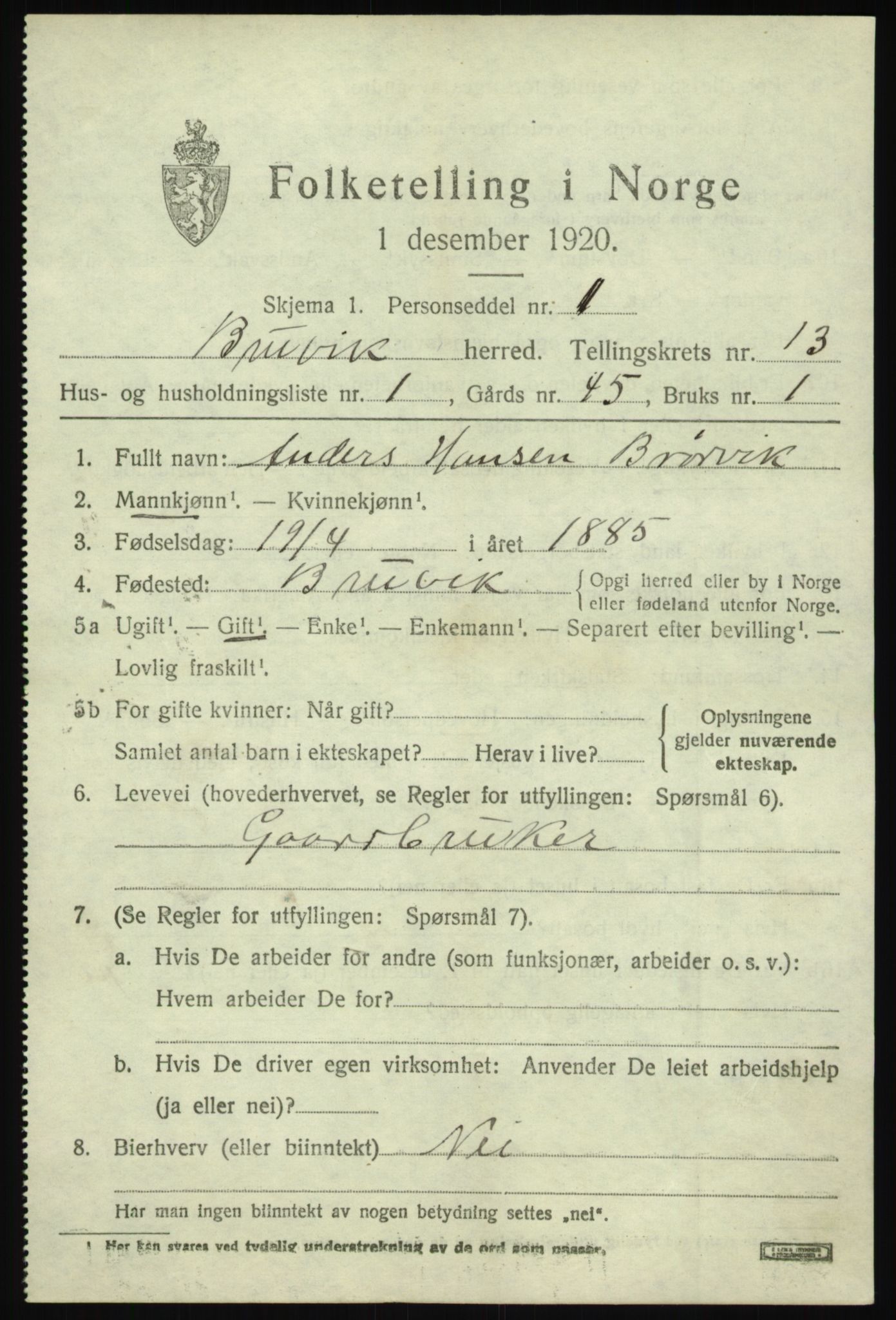 SAB, 1920 census for Bruvik, 1920, p. 8120