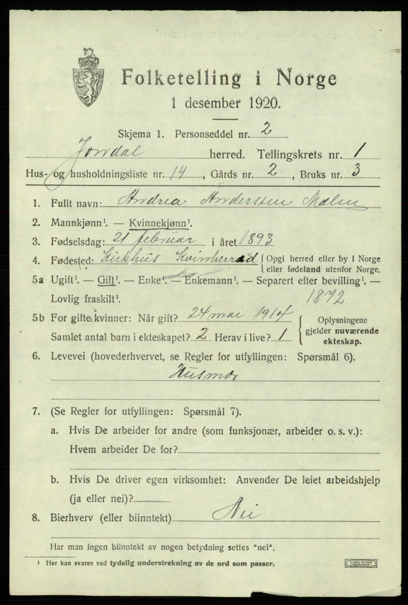 SAB, 1920 census for Jondal, 1920, p. 952