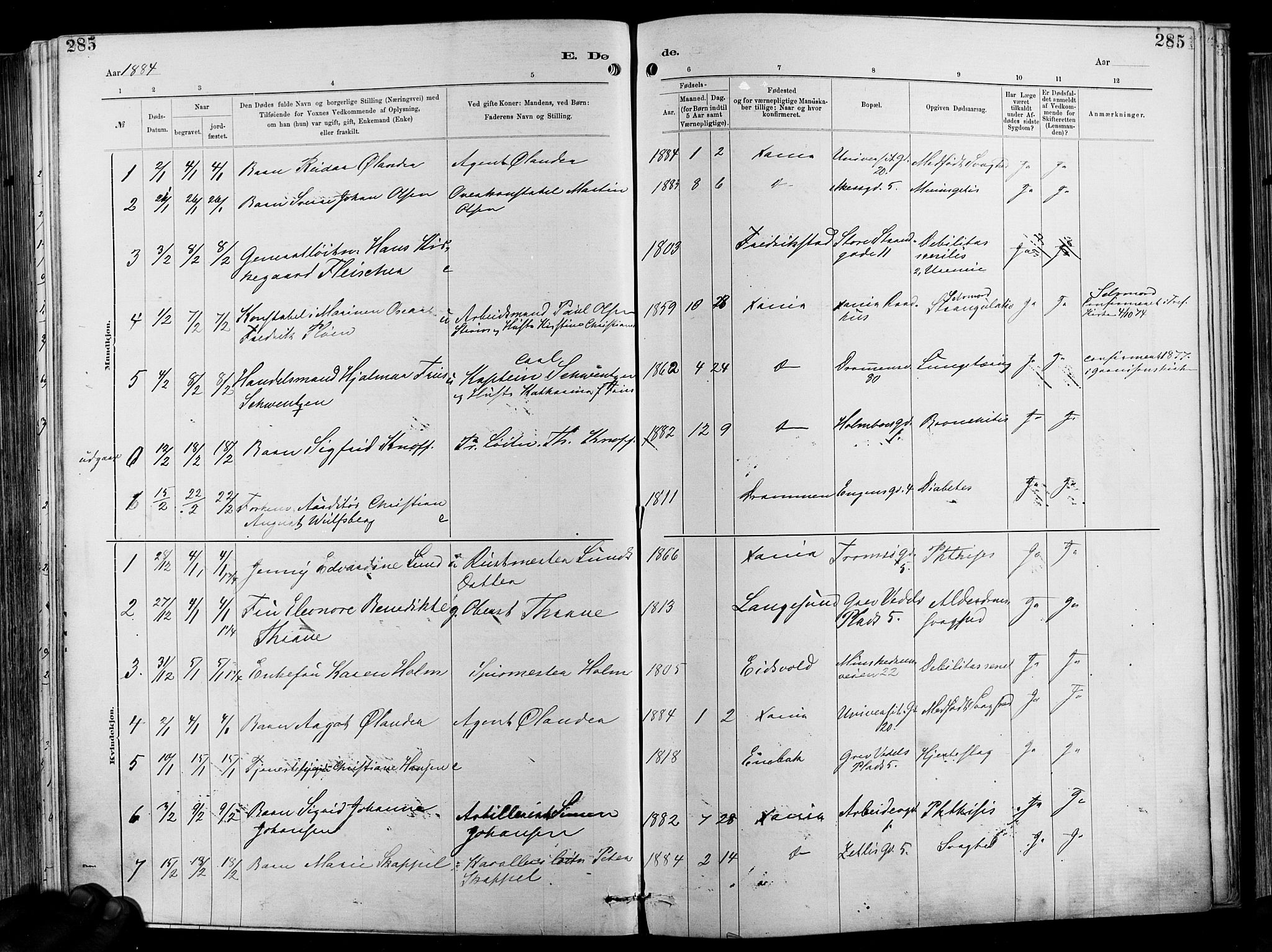 Garnisonsmenigheten Kirkebøker, SAO/A-10846/F/Fa/L0012: Parish register (official) no. 12, 1880-1893, p. 285