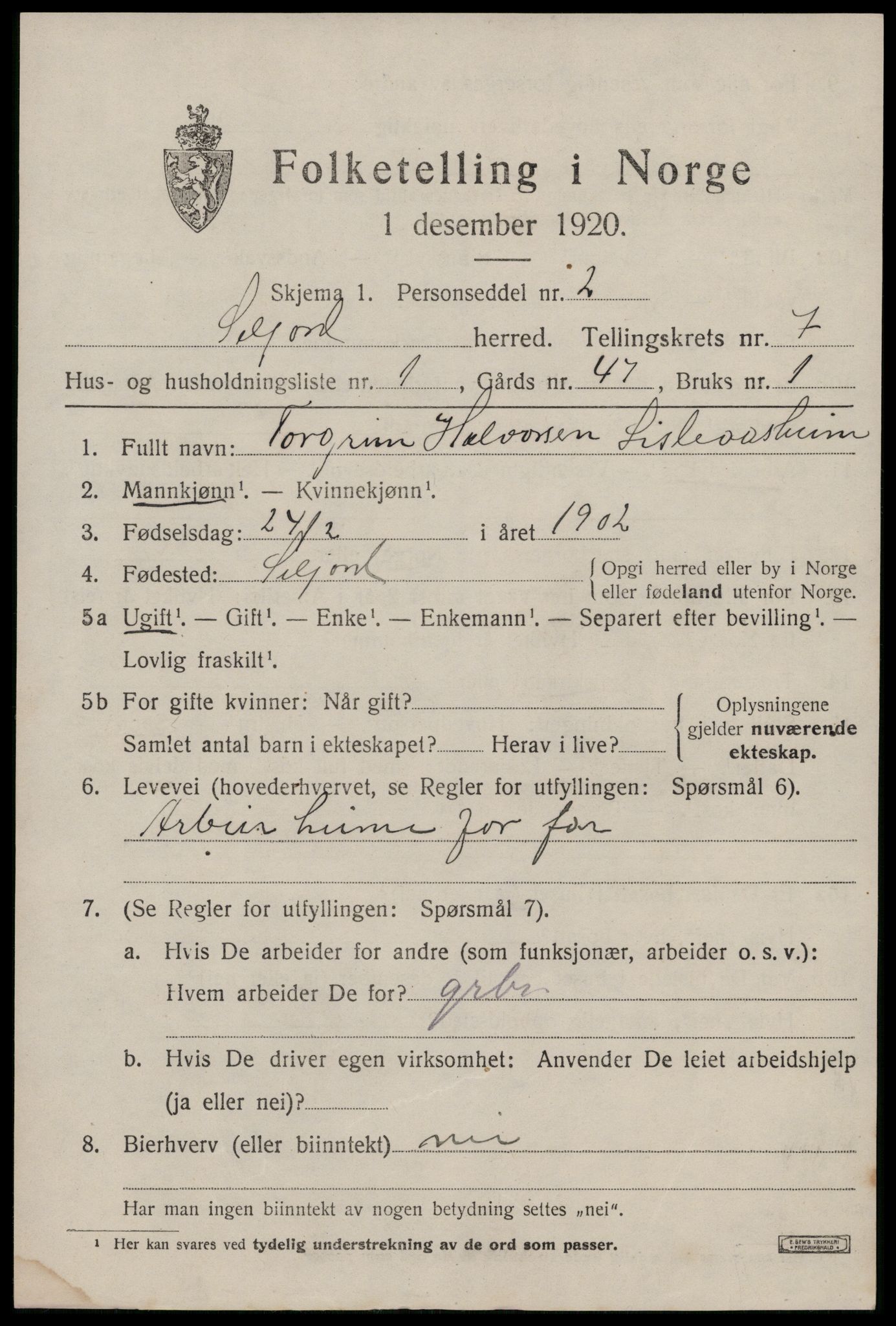 SAKO, 1920 census for Seljord, 1920, p. 3680