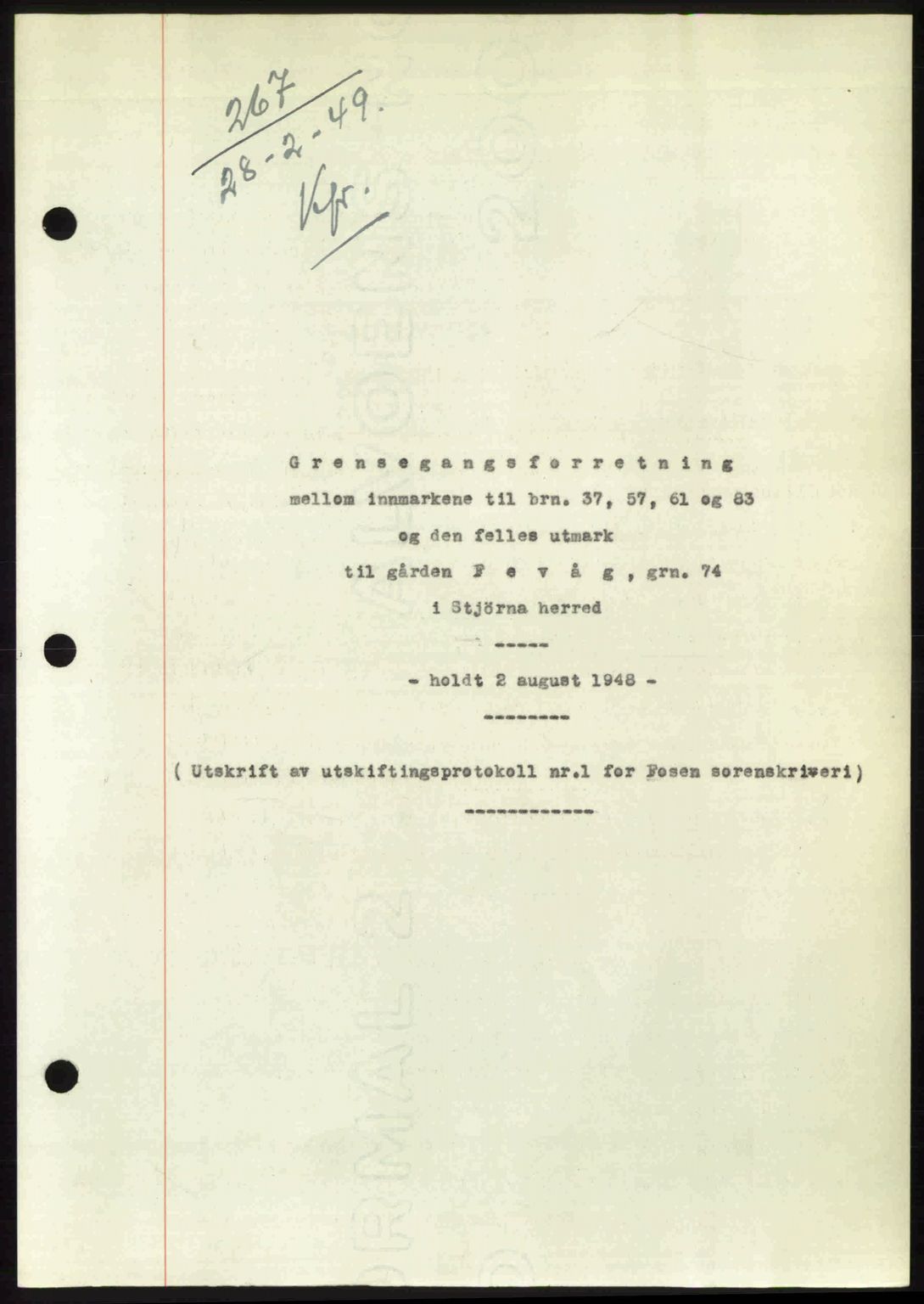 Fosen sorenskriveri, AV/SAT-A-1107/1/2/2C: Mortgage book no. A7-9, 1947-1949, Diary no: : 267/1949