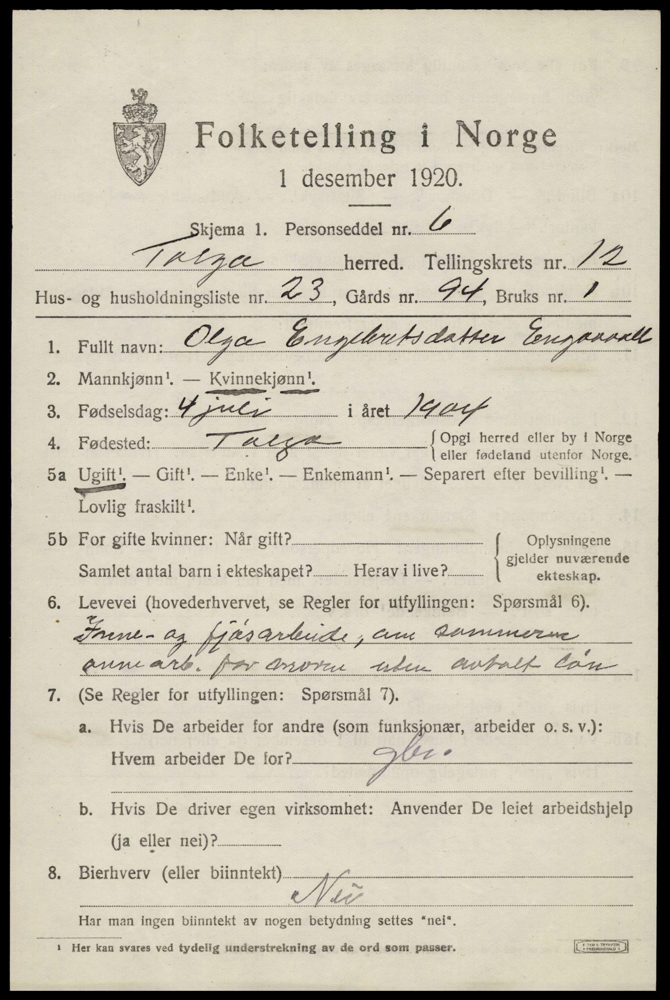 SAH, 1920 census for Tolga, 1920, p. 5751