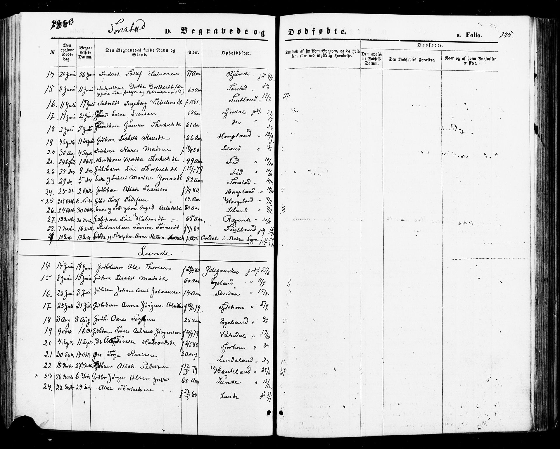 Sirdal sokneprestkontor, AV/SAK-1111-0036/F/Fa/Fab/L0003: Parish register (official) no. A 3, 1874-1886, p. 275