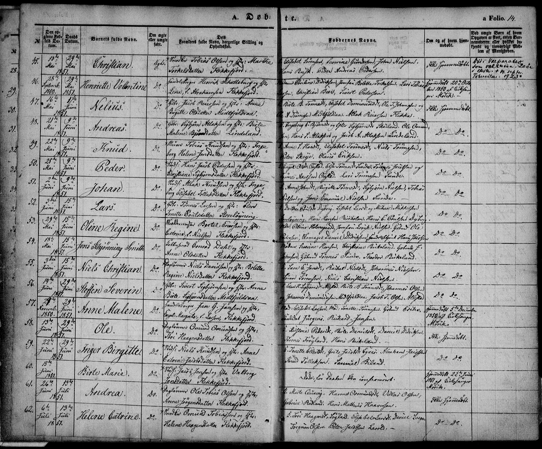 Flekkefjord sokneprestkontor, AV/SAK-1111-0012/F/Fa/Fac/L0005: Parish register (official) no. A 5, 1849-1875, p. 14