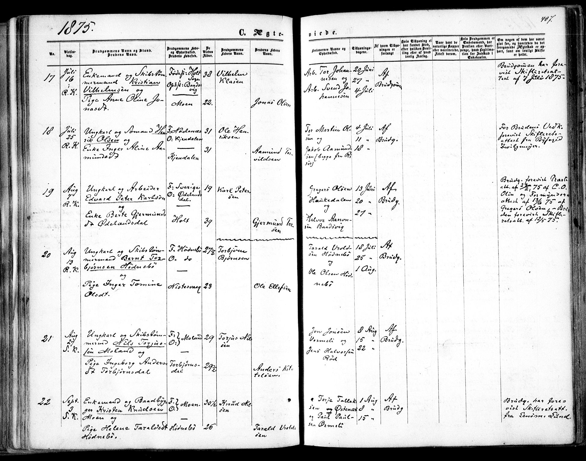 Søndeled sokneprestkontor, SAK/1111-0038/F/Fa/L0003: Parish register (official) no. A 3, 1861-1879, p. 407