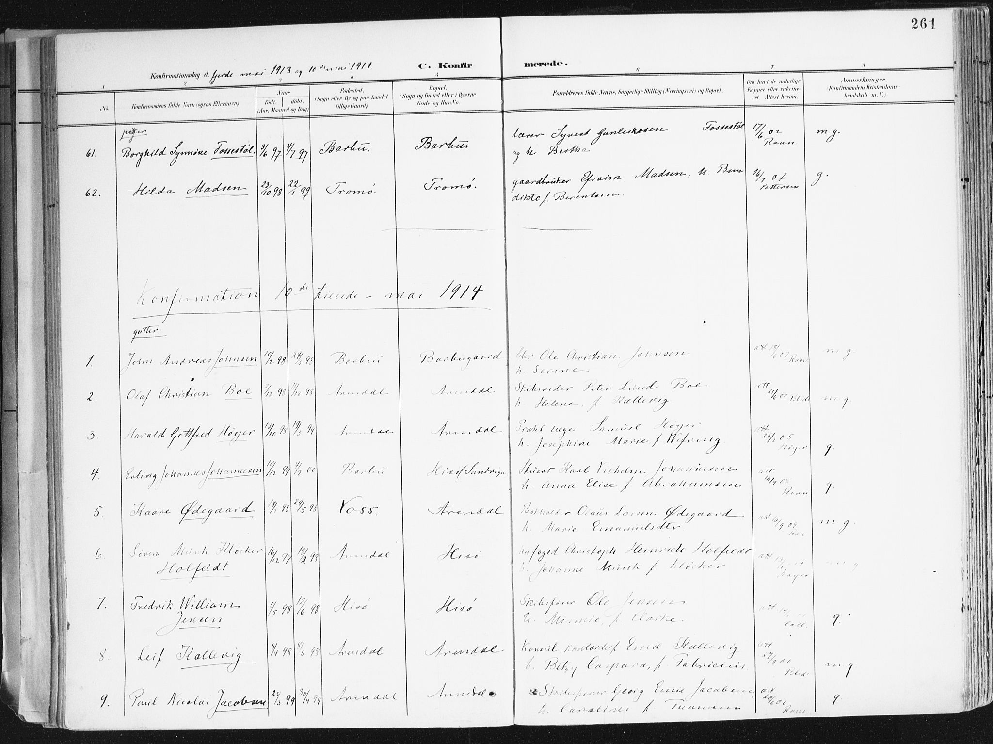 Arendal sokneprestkontor, Trefoldighet, SAK/1111-0040/F/Fa/L0010: Parish register (official) no. A 10, 1900-1919, p. 261