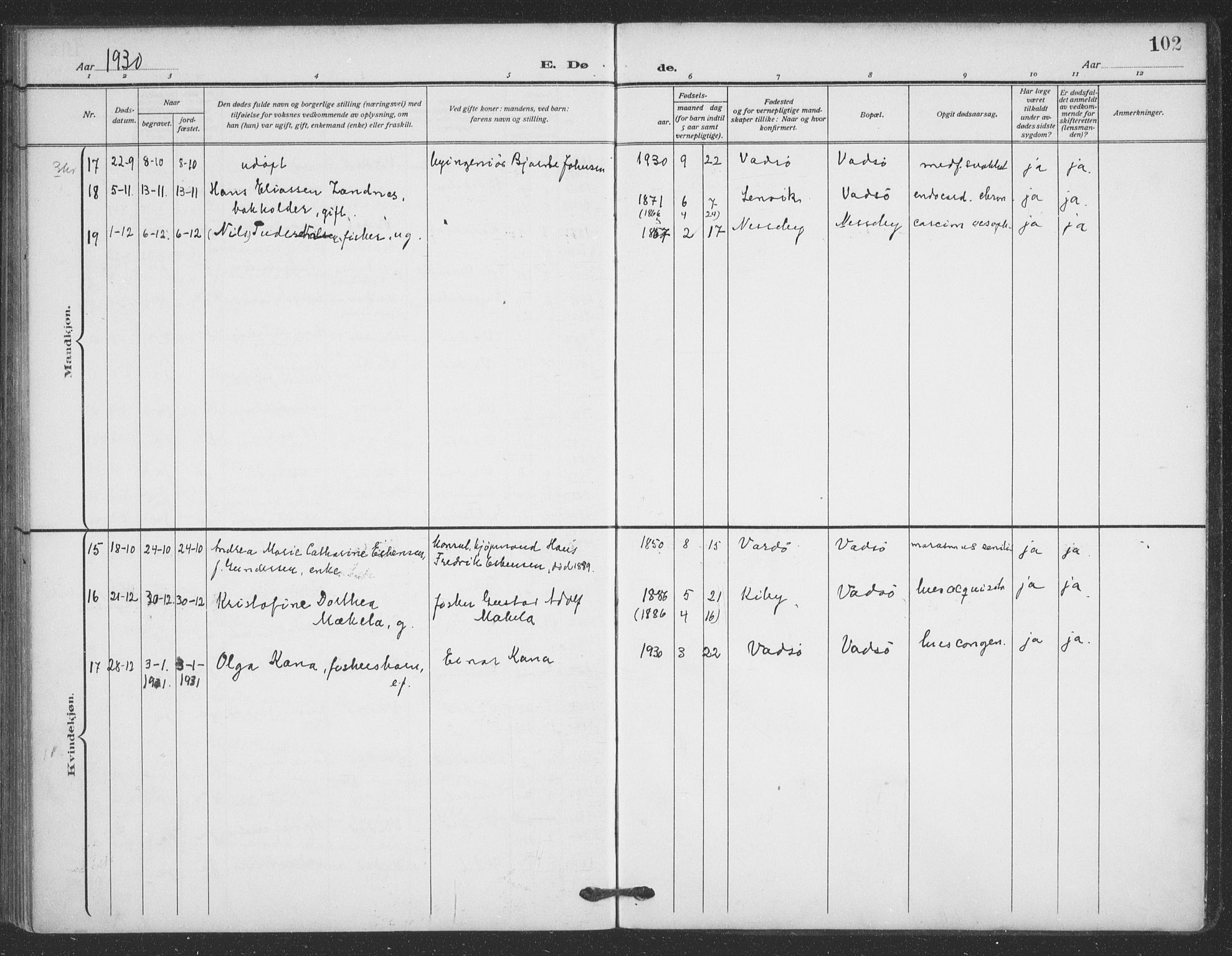 Vadsø sokneprestkontor, SATØ/S-1325/H/Ha/L0008kirke: Parish register (official) no. 8, 1912-1930, p. 102