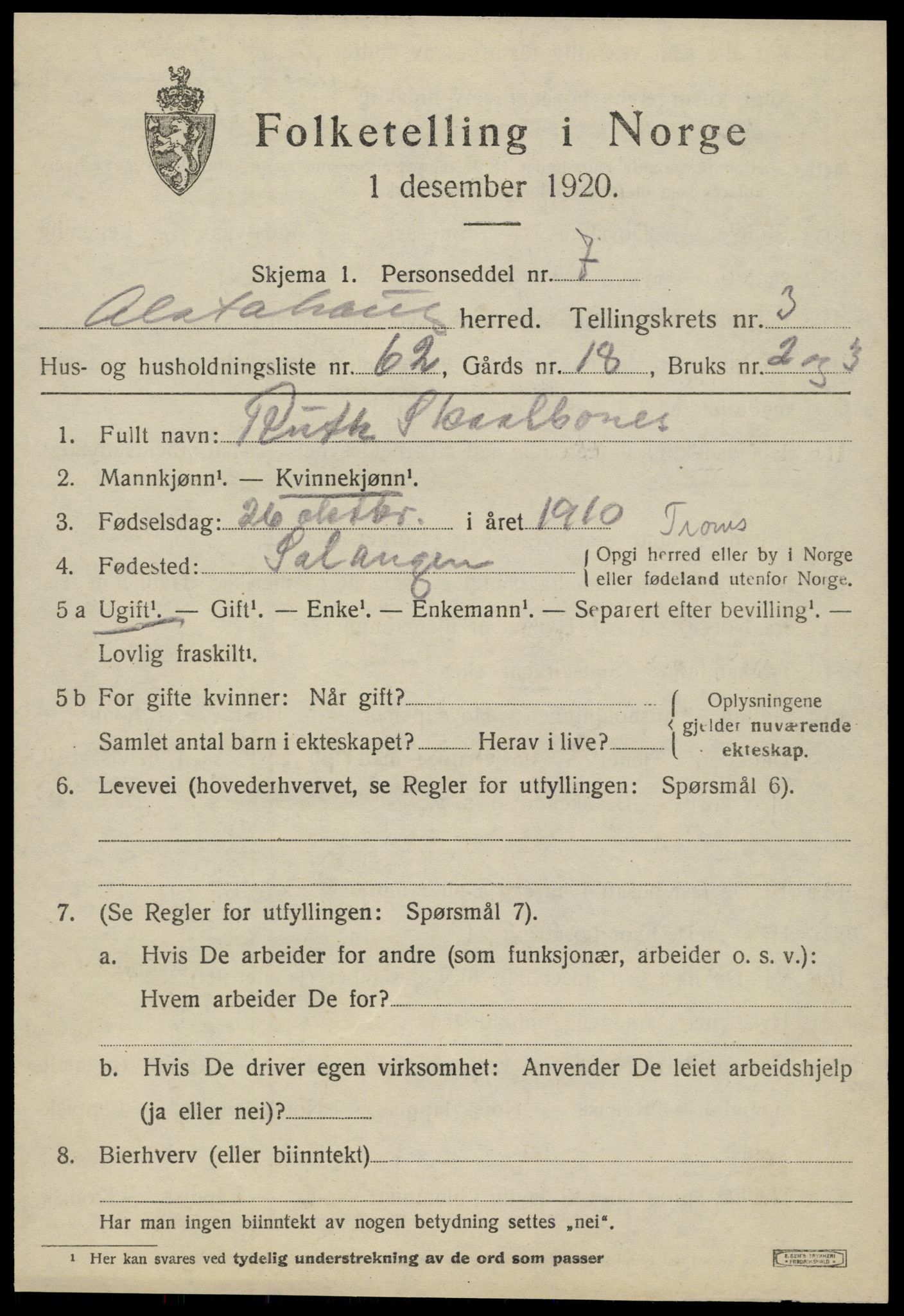 SAT, 1920 census for Alstahaug, 1920, p. 1897