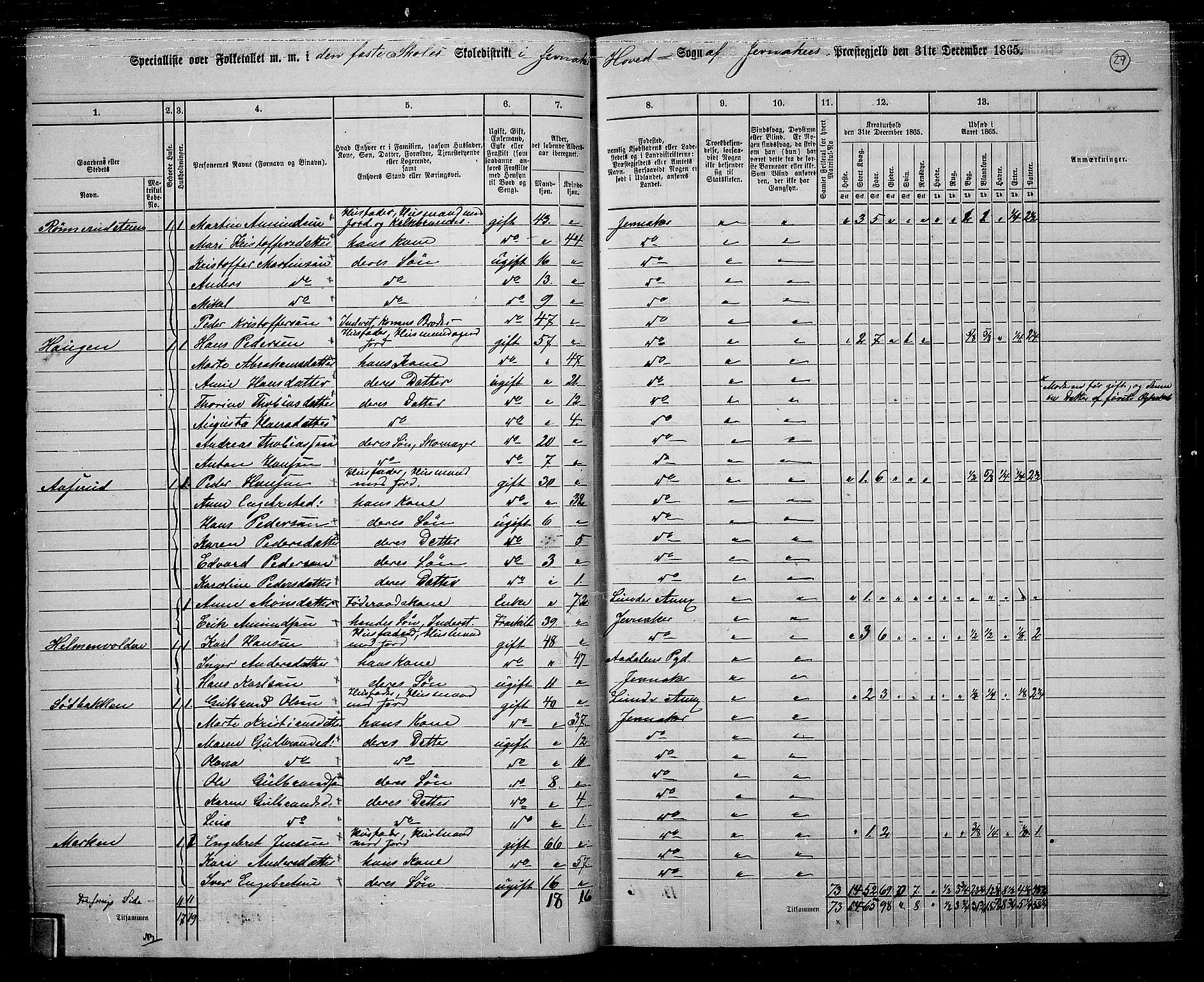 RA, 1865 census for Jevnaker, 1865, p. 28