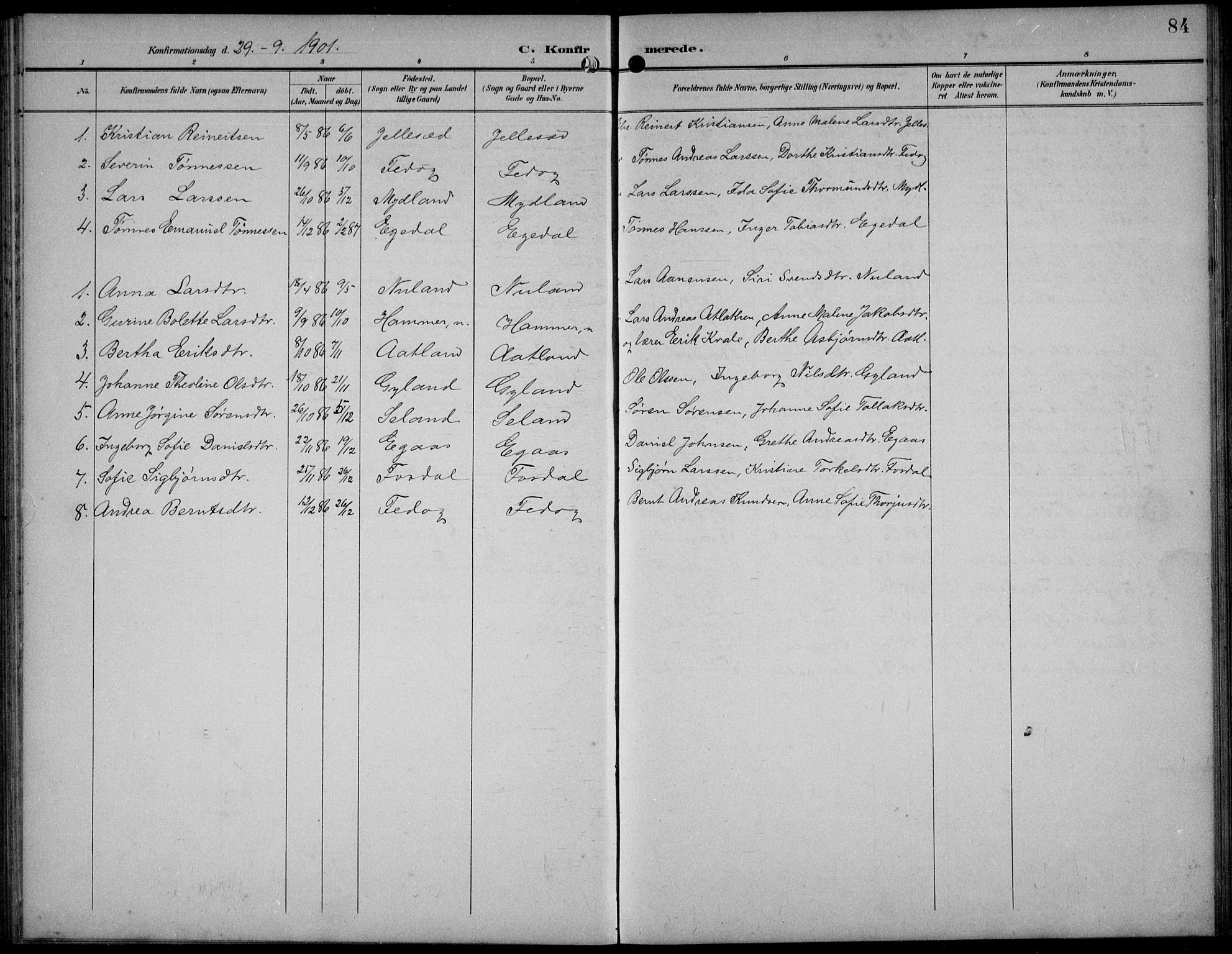 Bakke sokneprestkontor, SAK/1111-0002/F/Fb/Fbb/L0004: Parish register (copy) no. B 4, 1896-1927, p. 84