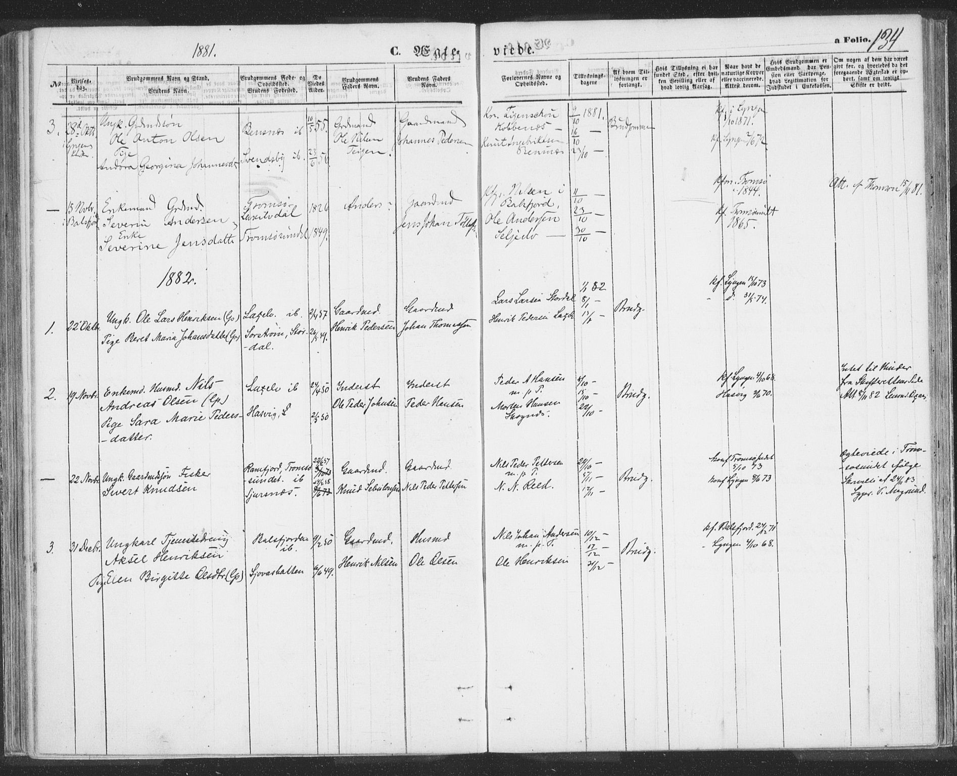 Lyngen sokneprestembete, AV/SATØ-S-1289/H/He/Hea/L0009kirke: Parish register (official) no. 9, 1864-1882, p. 134