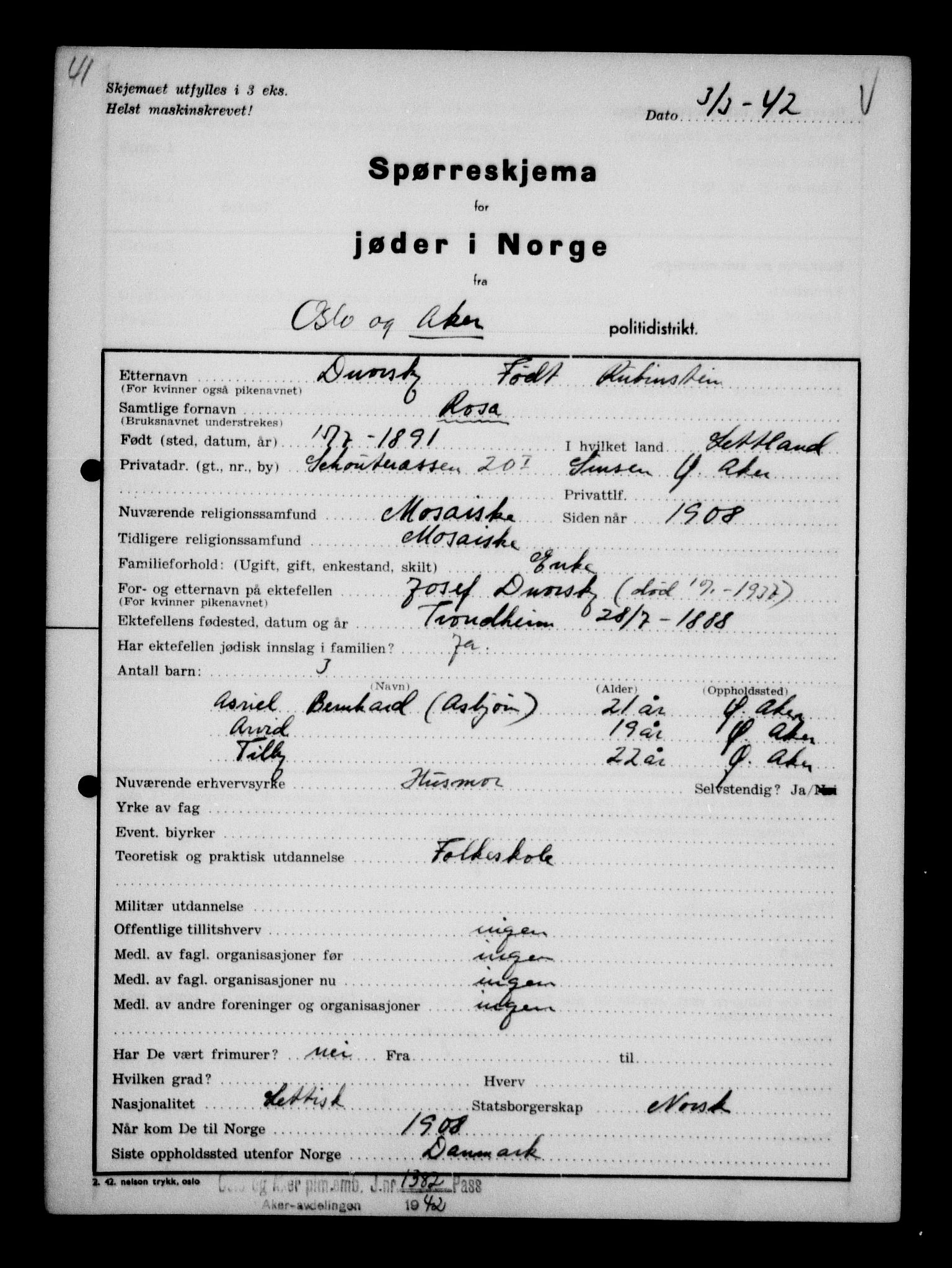 Statspolitiet - Hovedkontoret / Osloavdelingen, AV/RA-S-1329/G/Ga/L0011: Spørreskjema for jøder i Norge. 1: Oslo 610-806 (Plavnik-Zwillinger). 2: Aker 1-113 (Adler-Lewin). , 1942, p. 708