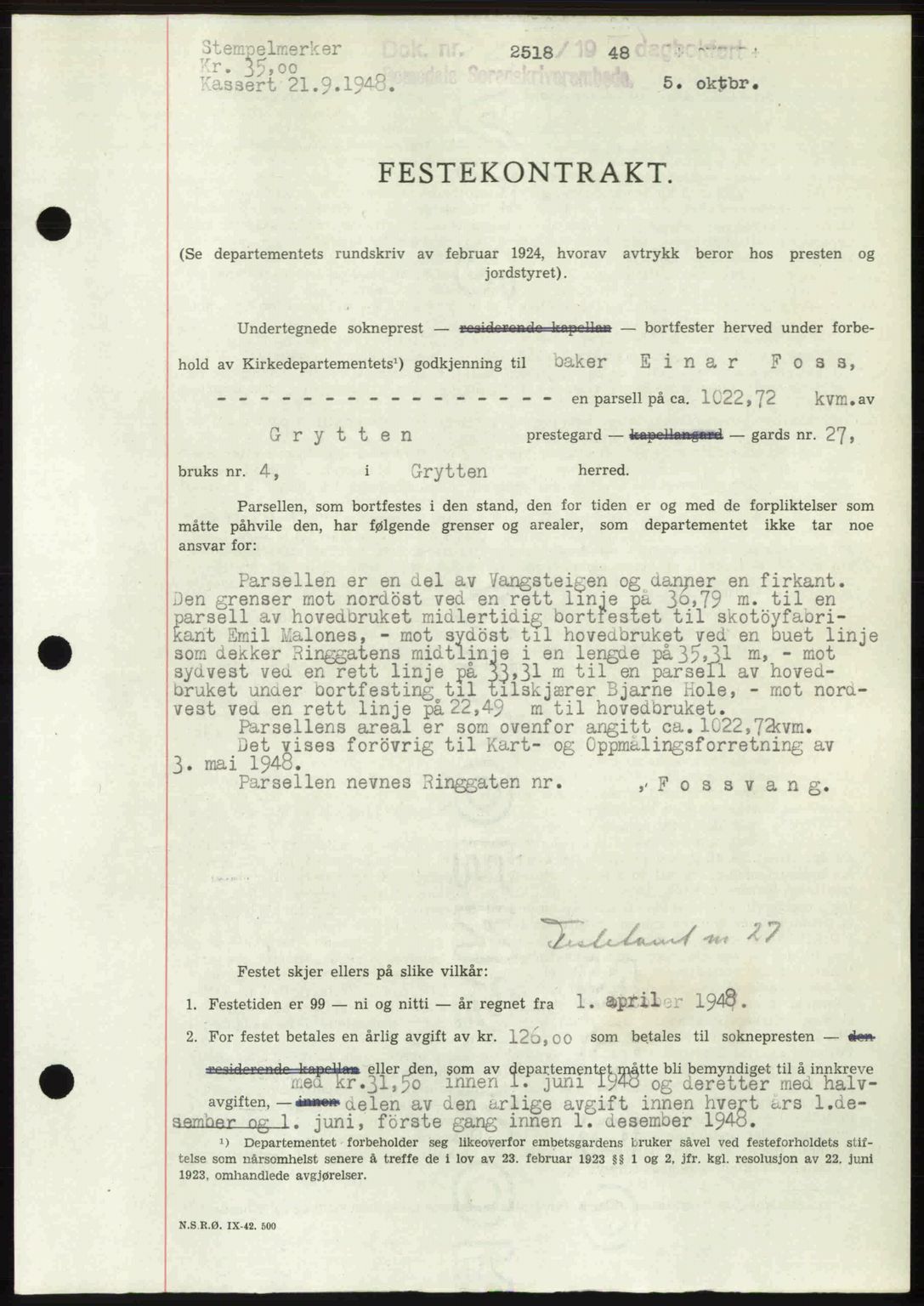 Romsdal sorenskriveri, AV/SAT-A-4149/1/2/2C: Mortgage book no. A27, 1948-1948, Diary no: : 2518/1948