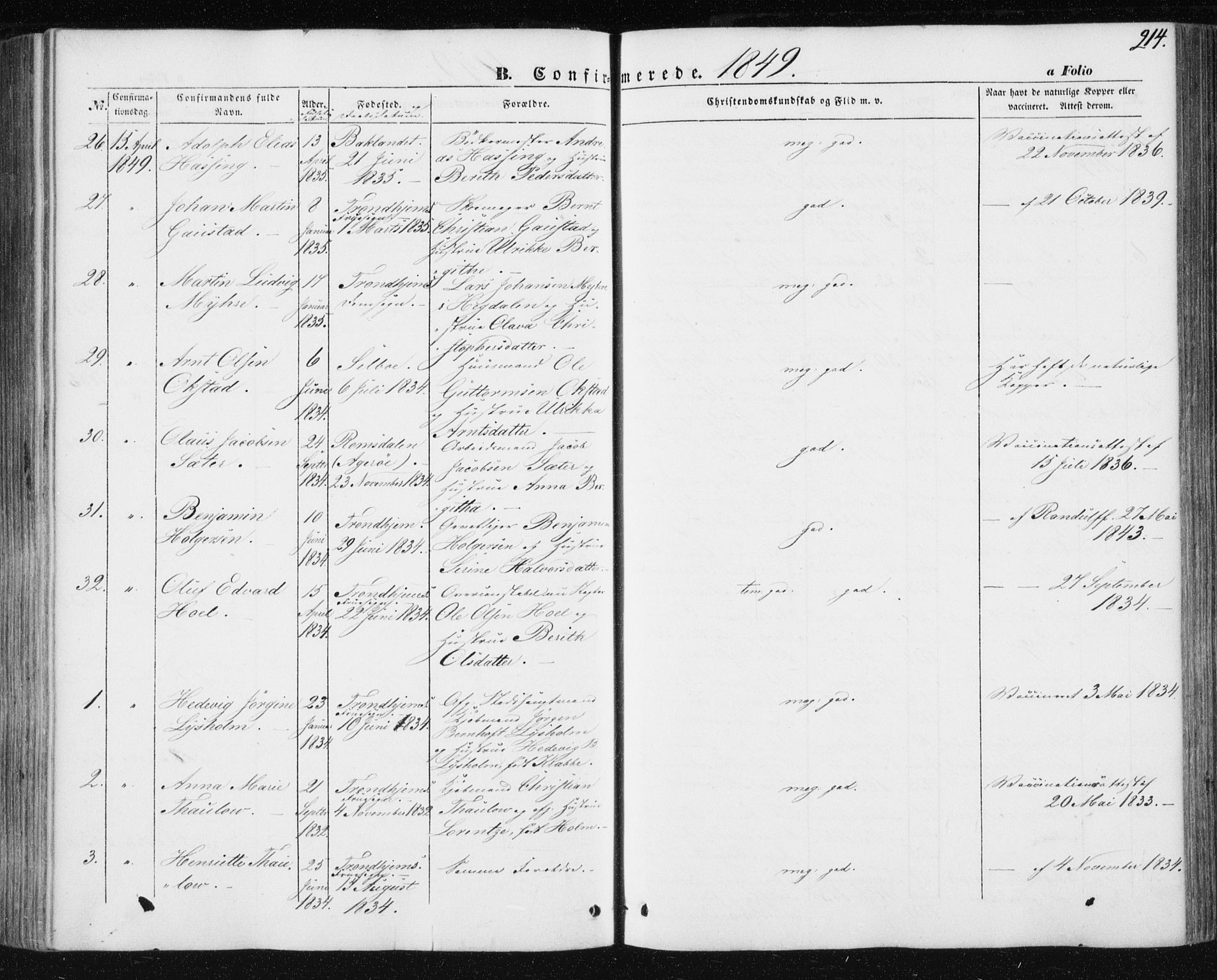 Ministerialprotokoller, klokkerbøker og fødselsregistre - Sør-Trøndelag, AV/SAT-A-1456/602/L0112: Parish register (official) no. 602A10, 1848-1859, p. 214