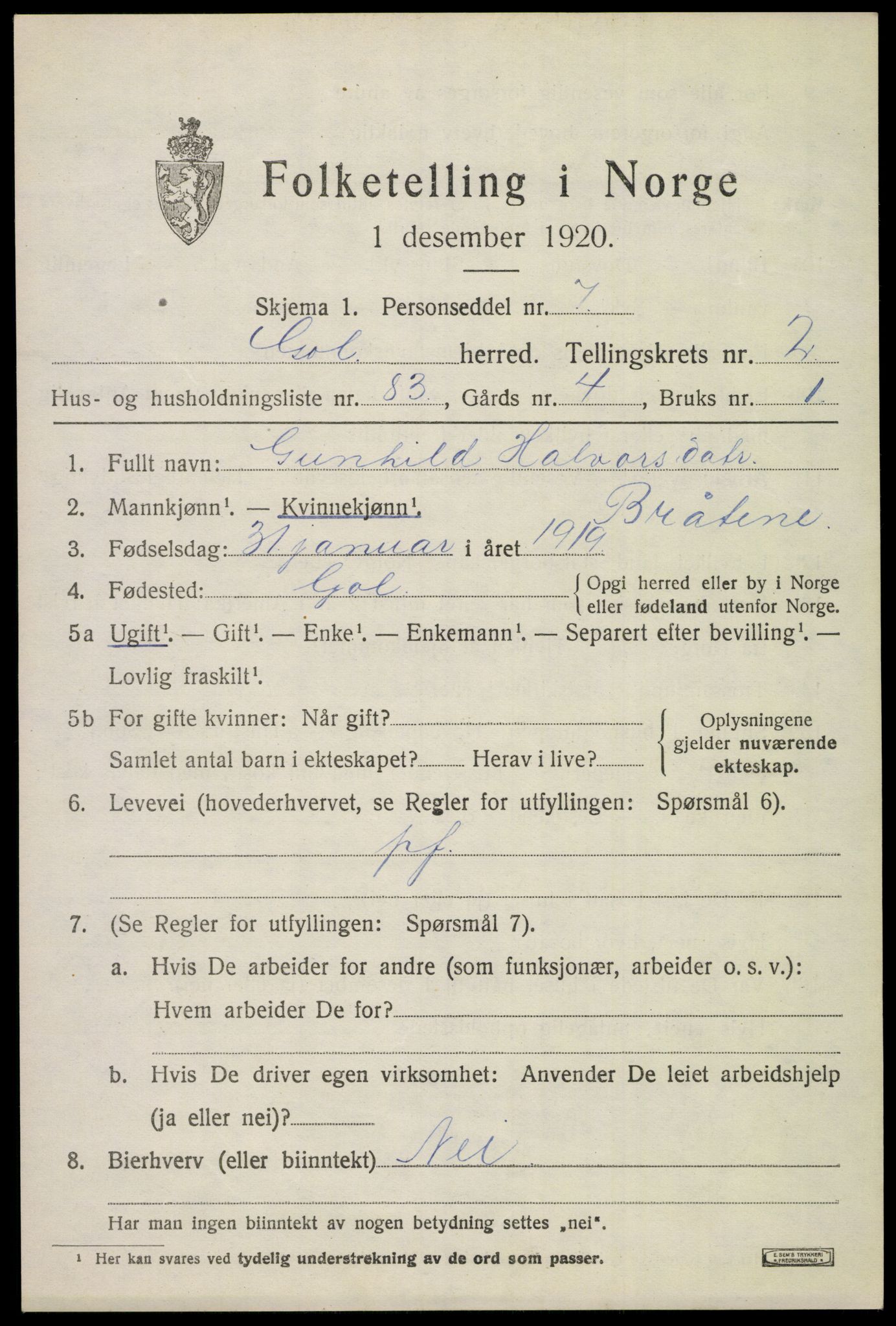 SAKO, 1920 census for Gol, 1920, p. 2176