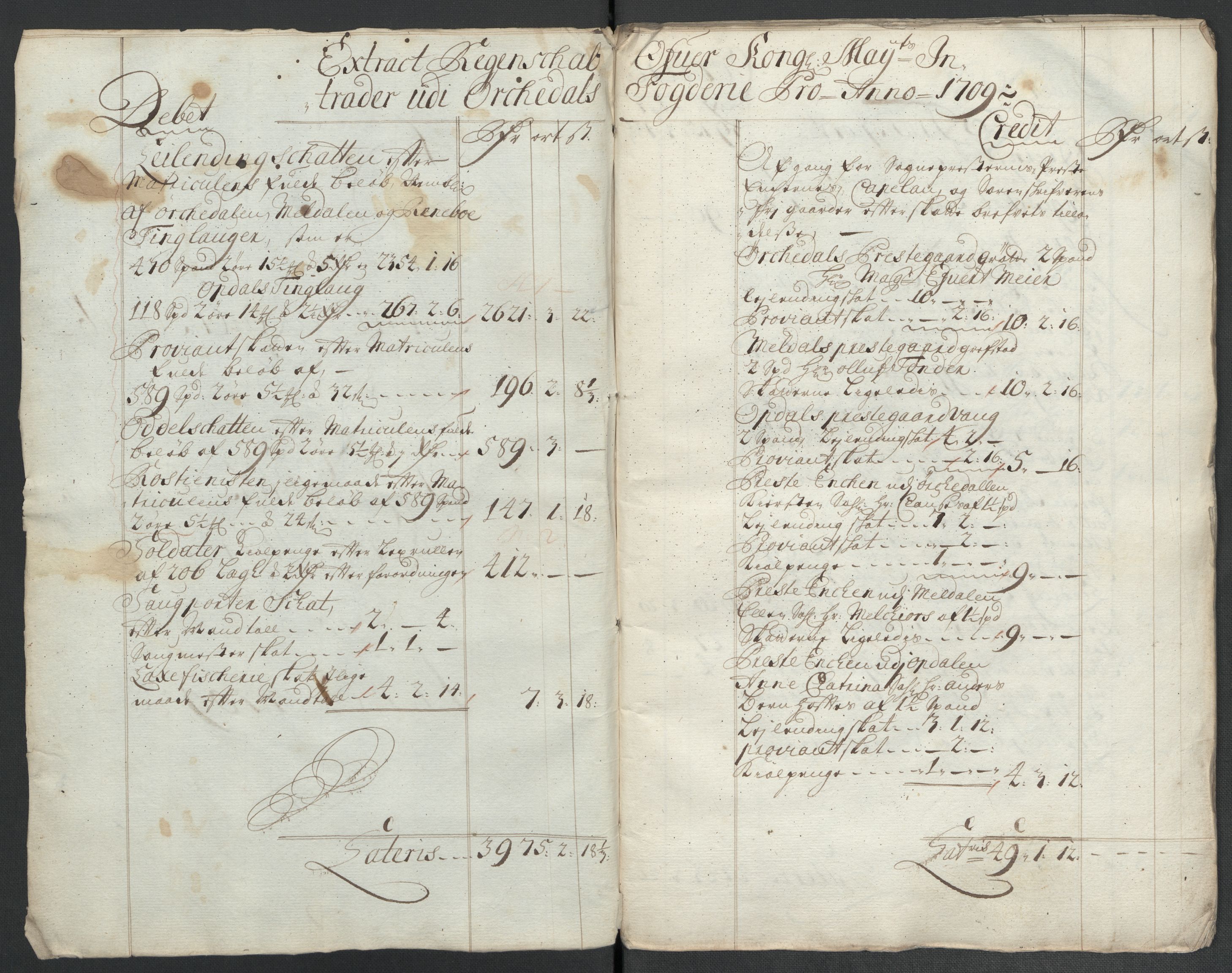Rentekammeret inntil 1814, Reviderte regnskaper, Fogderegnskap, RA/EA-4092/R60/L3959: Fogderegnskap Orkdal og Gauldal, 1709, p. 4