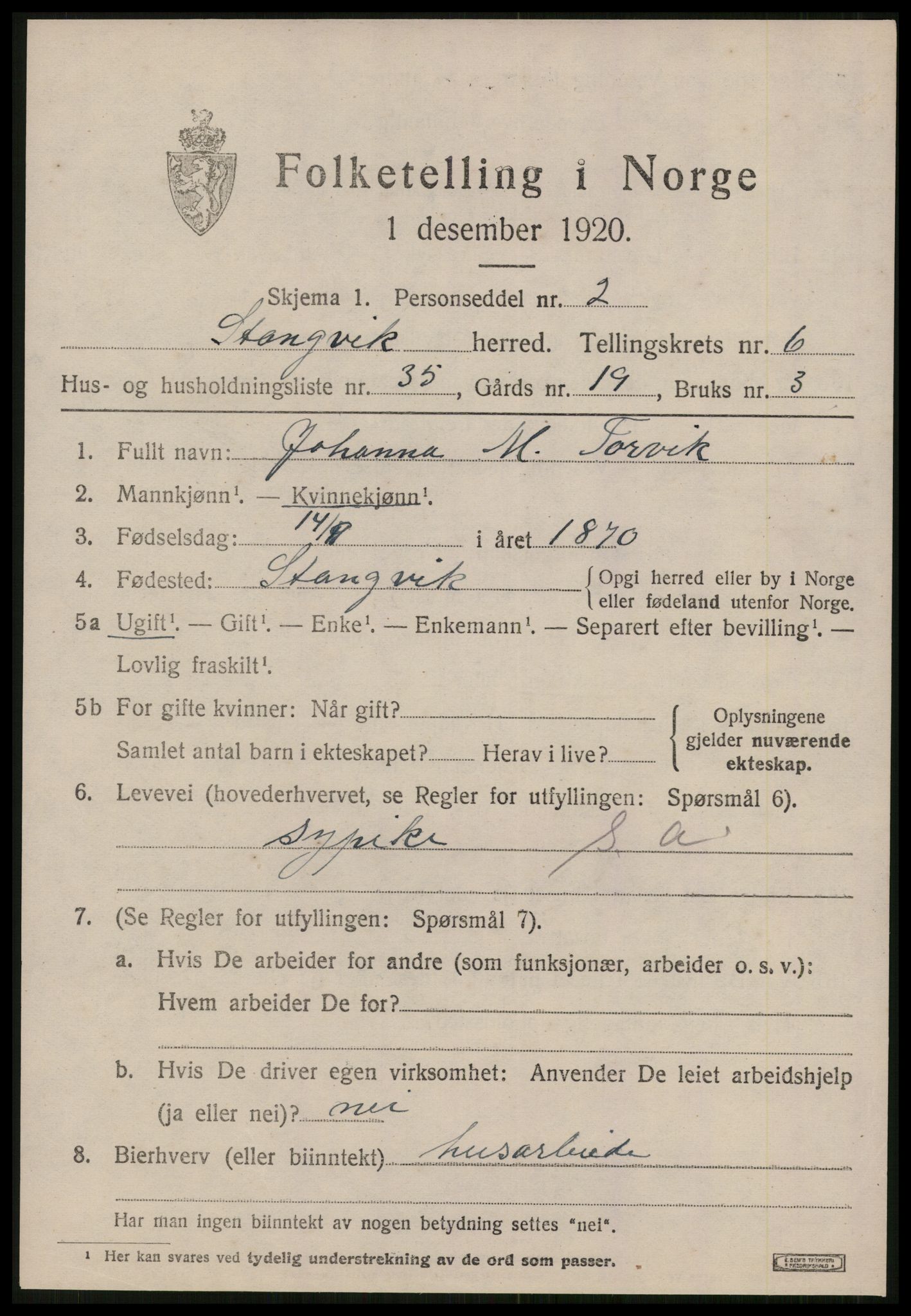 SAT, 1920 census for Stangvik, 1920, p. 4292