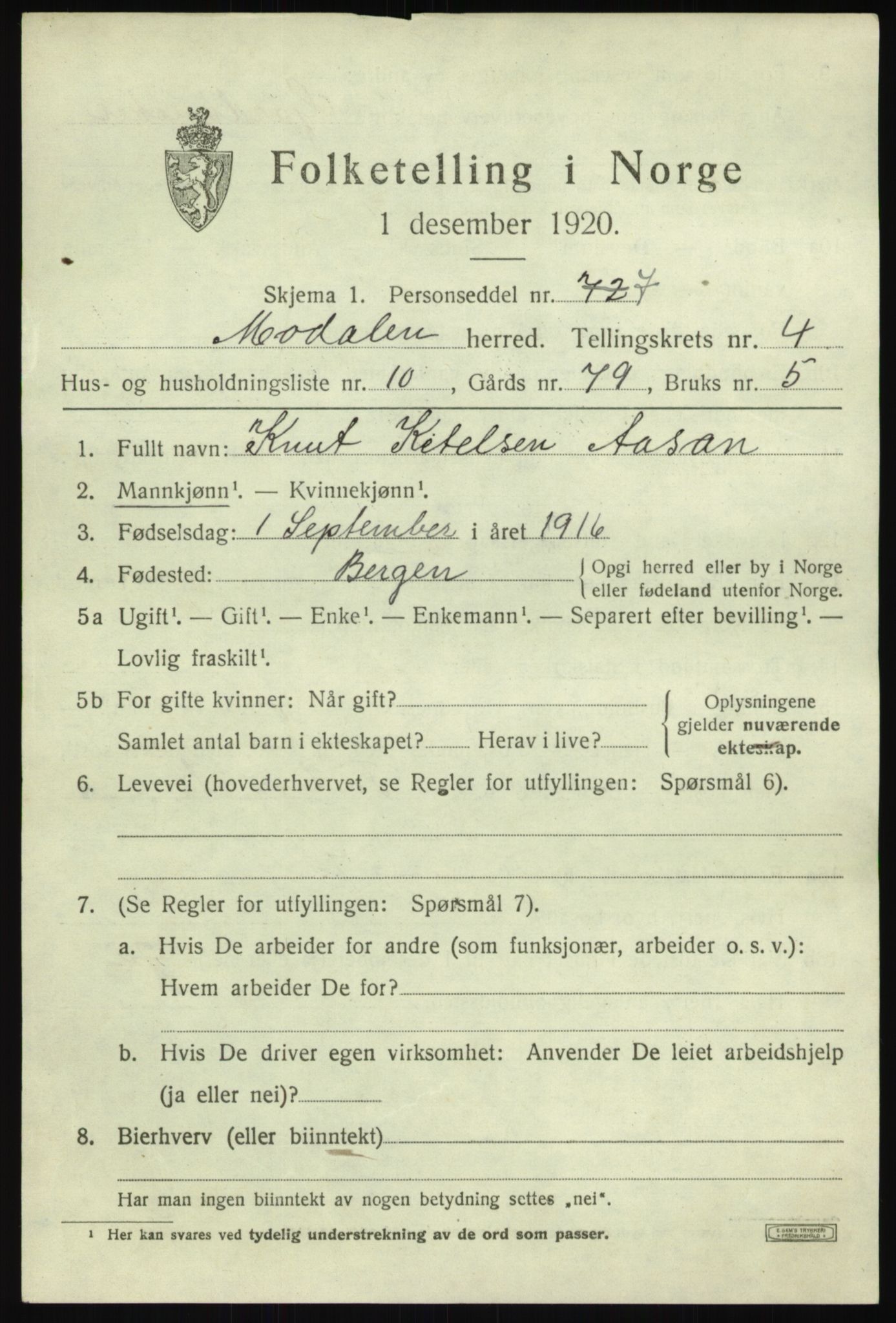 SAB, 1920 census for Modalen, 1920, p. 952