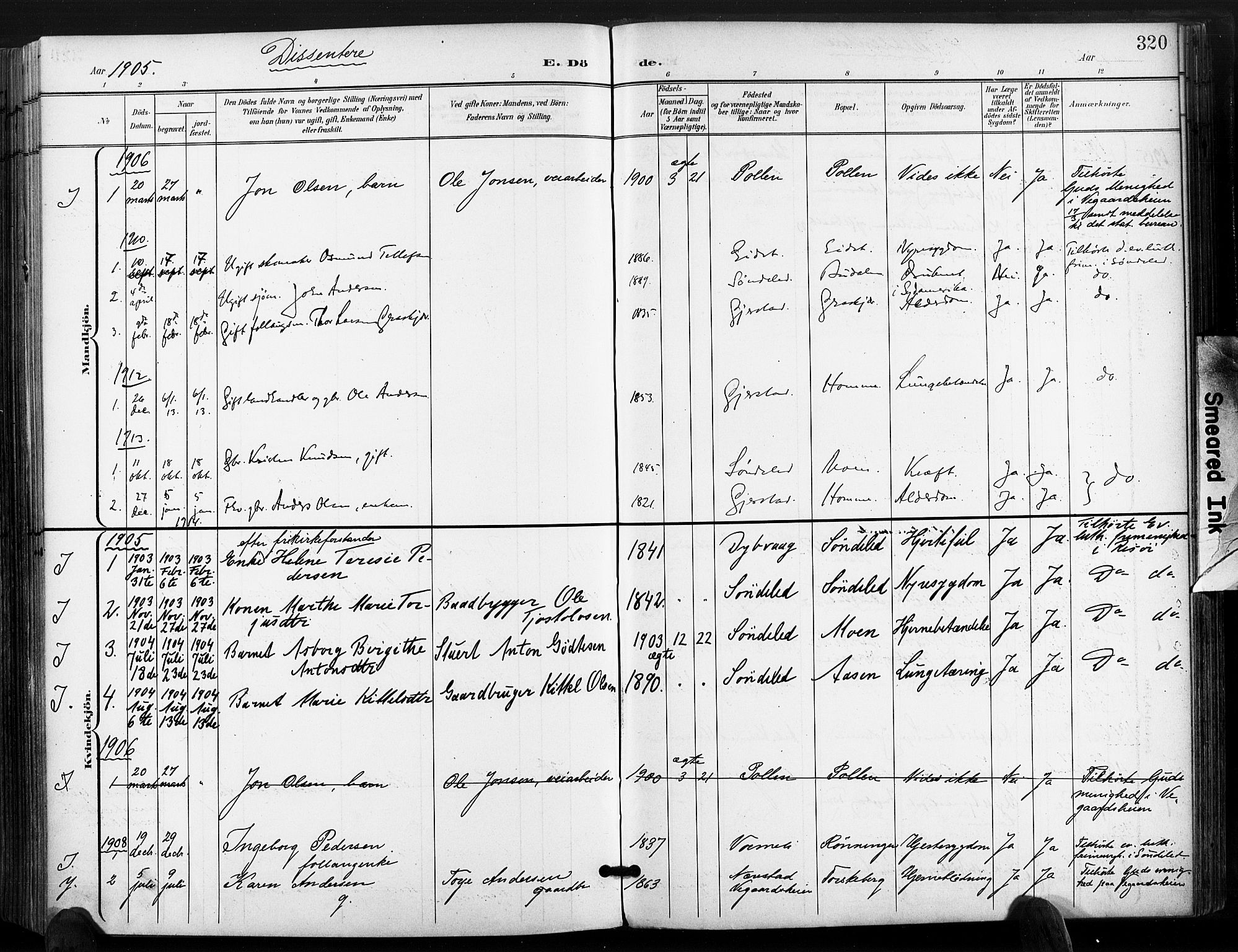 Søndeled sokneprestkontor, SAK/1111-0038/F/Fa/L0006: Parish register (official) no. A 6, 1900-1922, p. 320