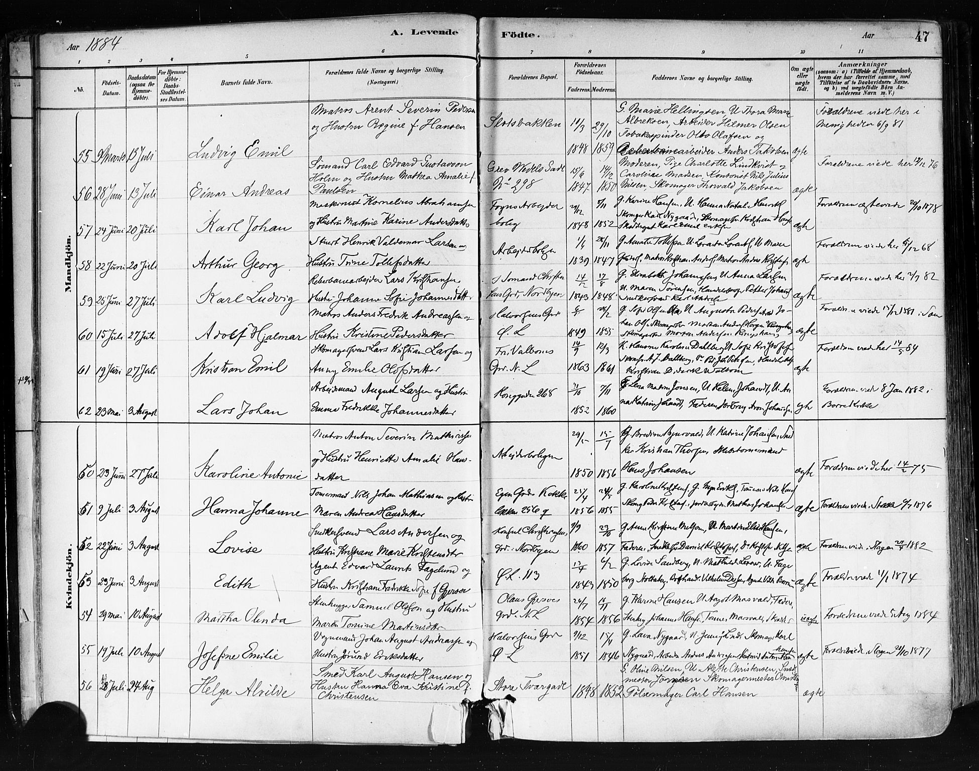 Tønsberg kirkebøker, SAKO/A-330/F/Fa/L0011: Parish register (official) no. I 11, 1881-1890, p. 47