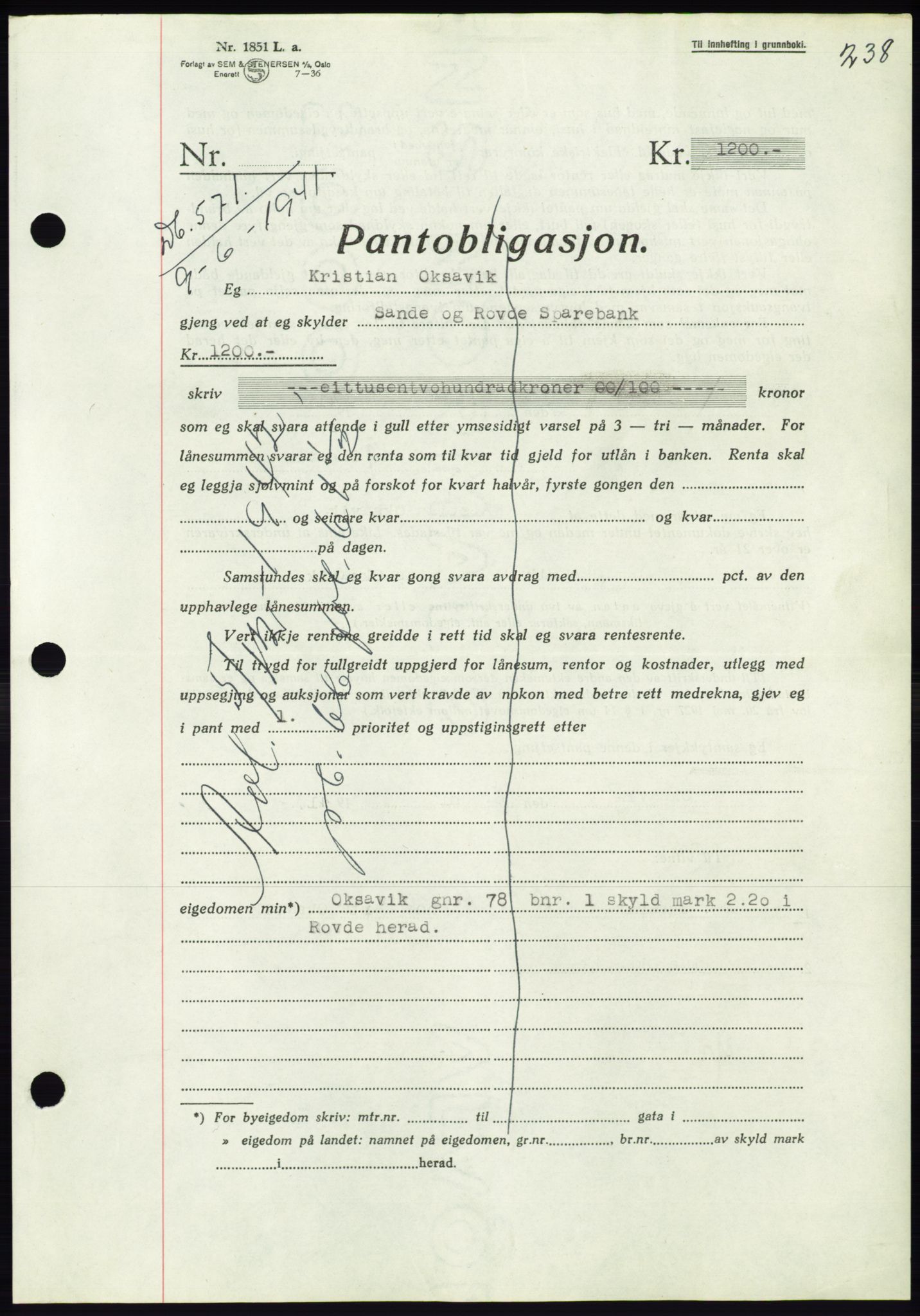 Søre Sunnmøre sorenskriveri, AV/SAT-A-4122/1/2/2C/L0071: Mortgage book no. 65, 1941-1941, Diary no: : 571/1941