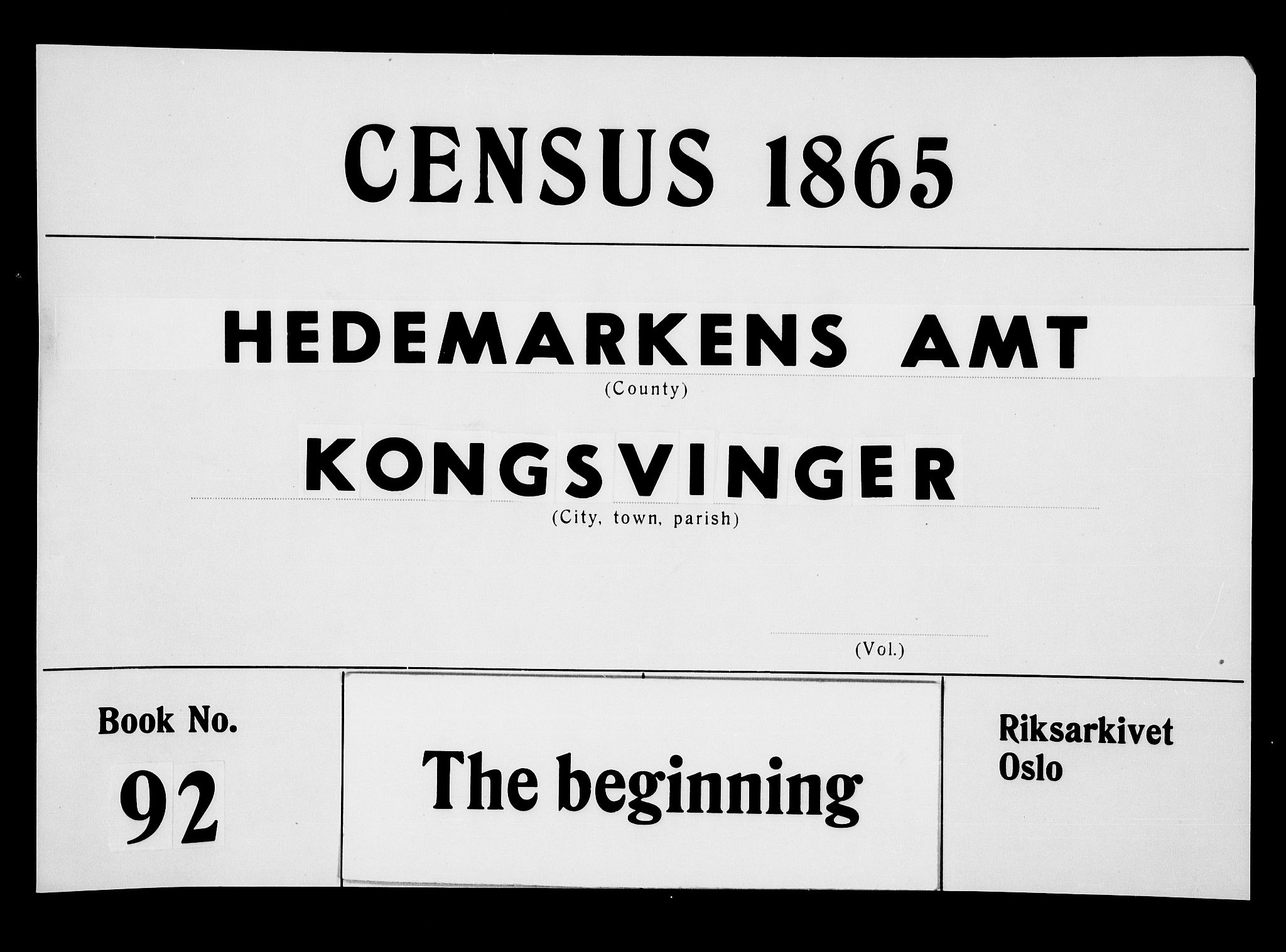RA, 1865 census for Vinger/Kongsvinger, 1865, p. 1
