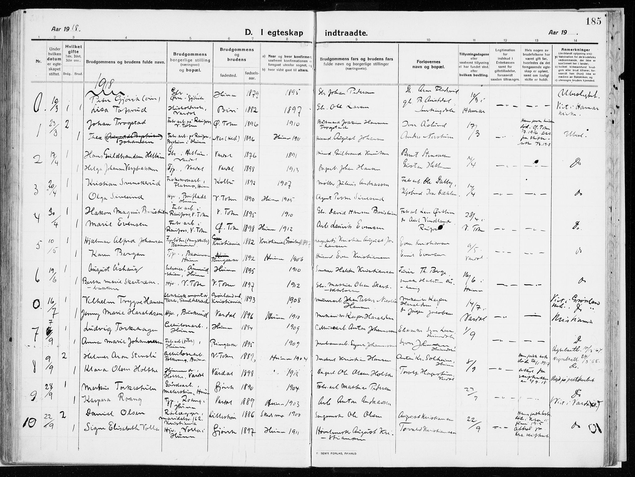 Vardal prestekontor, SAH/PREST-100/H/Ha/Haa/L0017: Parish register (official) no. 17, 1915-1929, p. 185