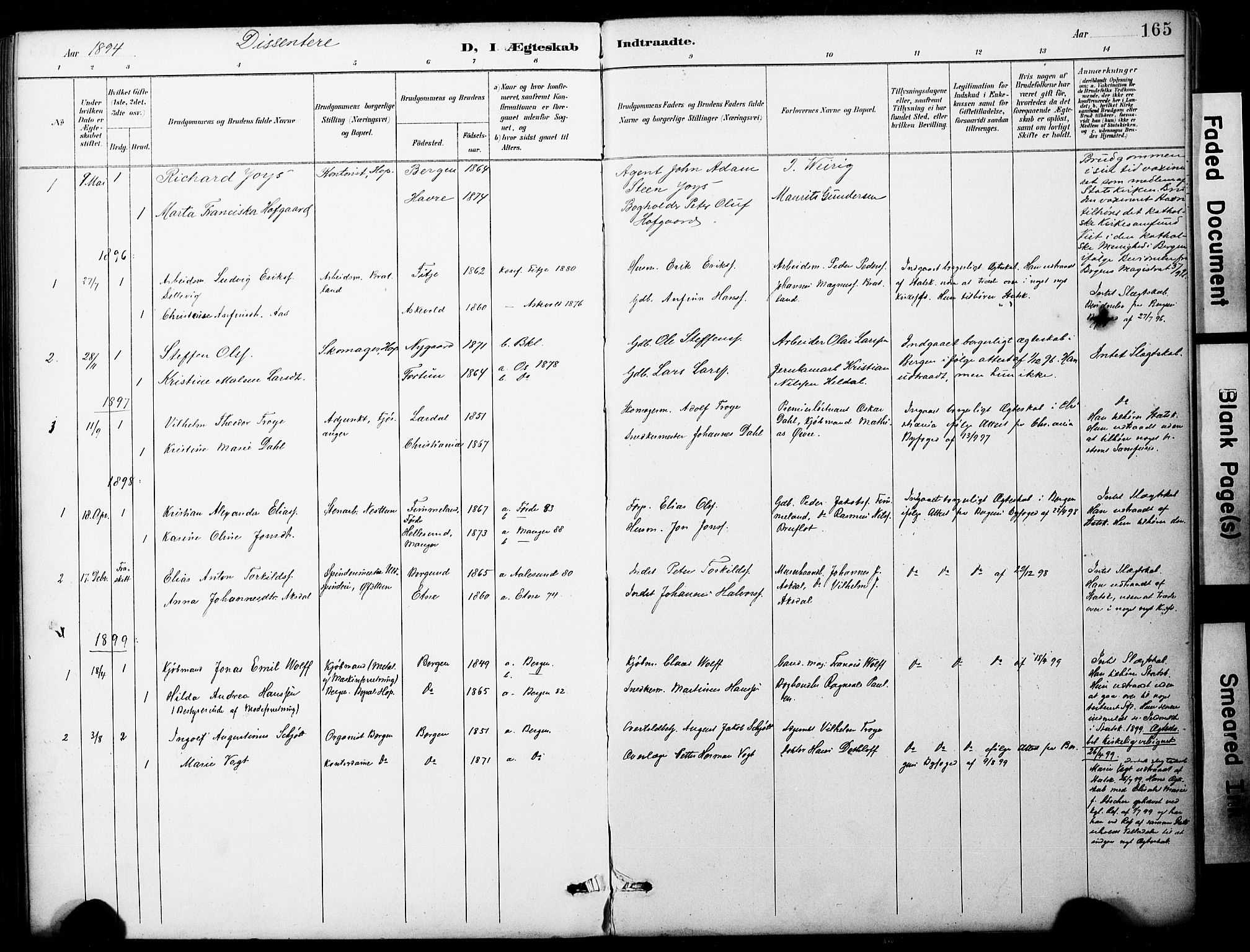 Fana Sokneprestembete, SAB/A-75101/H/Haa/Haai/L0002: Parish register (official) no. I 2, 1888-1899, p. 165