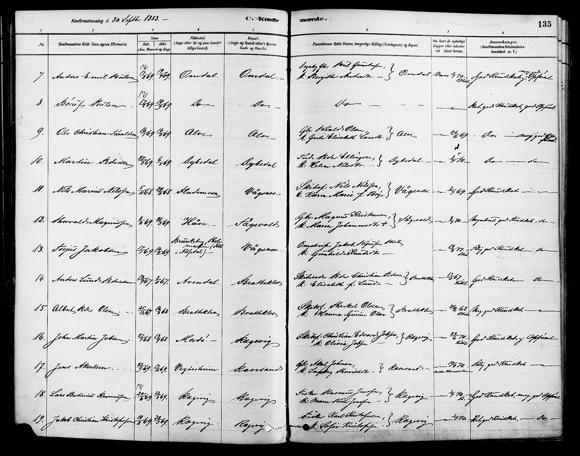 Tromøy sokneprestkontor, AV/SAK-1111-0041/F/Fa/L0009: Parish register (official) no. A 9, 1878-1896, p. 135