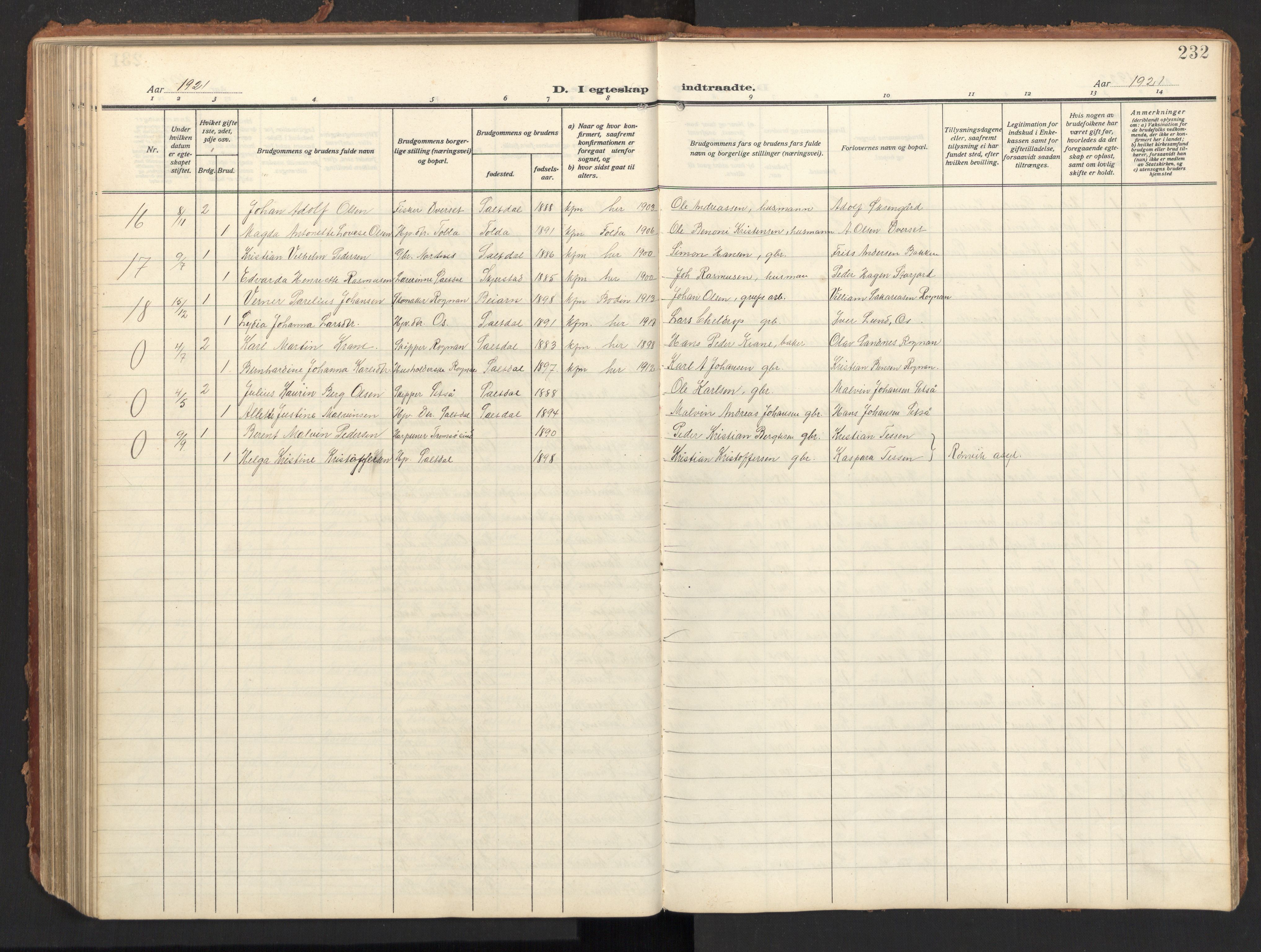 Ministerialprotokoller, klokkerbøker og fødselsregistre - Nordland, AV/SAT-A-1459/847/L0683: Parish register (copy) no. 847C11, 1908-1929, p. 232