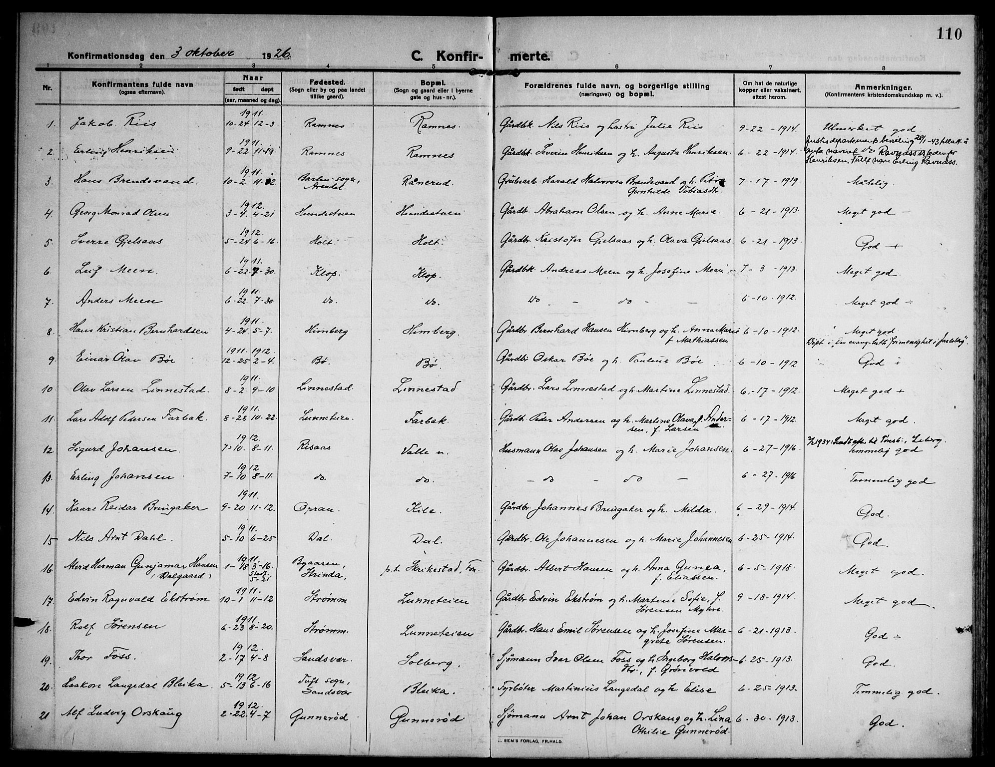 Ramnes kirkebøker, AV/SAKO-A-314/F/Fa/L0009: Parish register (official) no. I 9, 1912-1929, p. 110