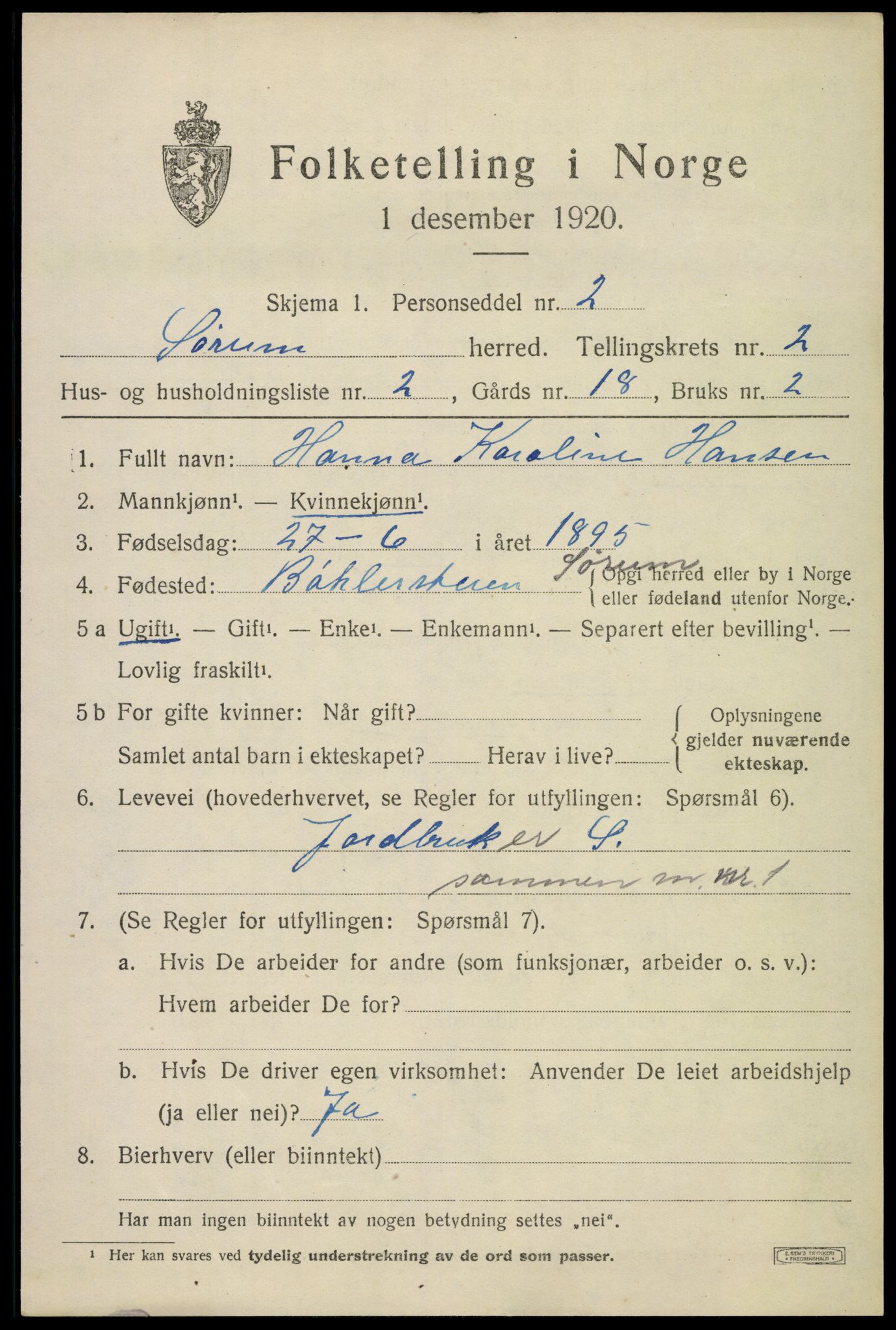 SAO, 1920 census for Sørum, 1920, p. 1655