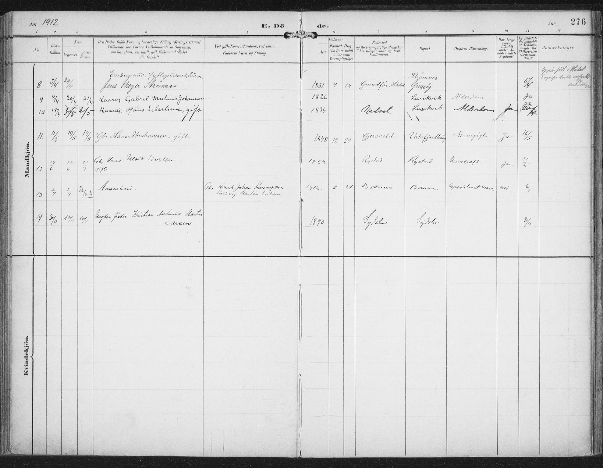 Ministerialprotokoller, klokkerbøker og fødselsregistre - Nordland, AV/SAT-A-1459/876/L1098: Parish register (official) no. 876A04, 1896-1915, p. 276