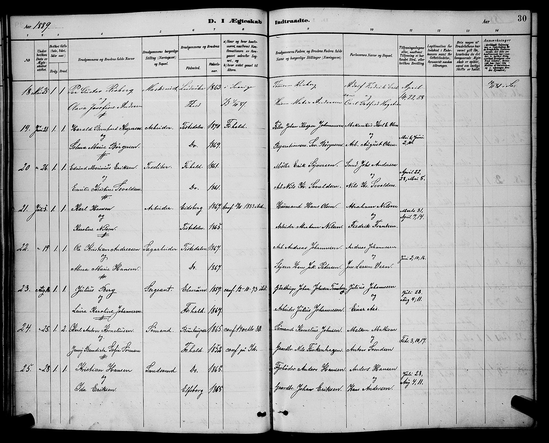 Halden prestekontor Kirkebøker, AV/SAO-A-10909/G/Ga/L0009: Parish register (copy) no. 9, 1885-1908, p. 30