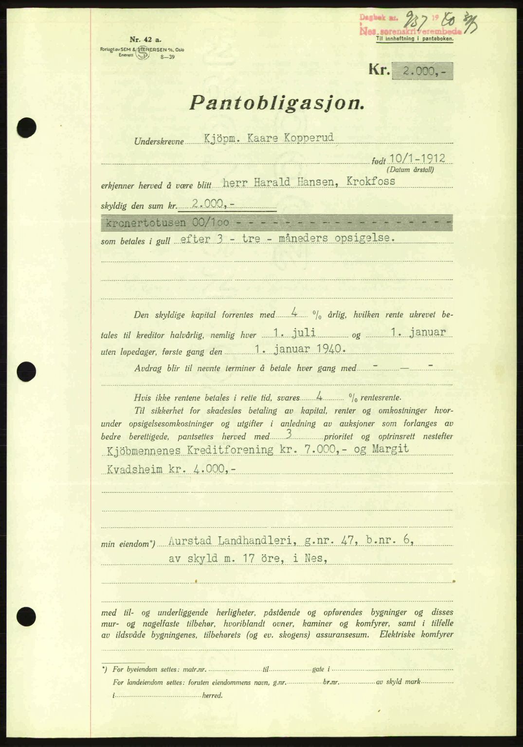 Nes tingrett, SAO/A-10548/G/Gb/Gbb/L0010: Mortgage book no. 54, 1939-1940, Diary no: : 937/1940