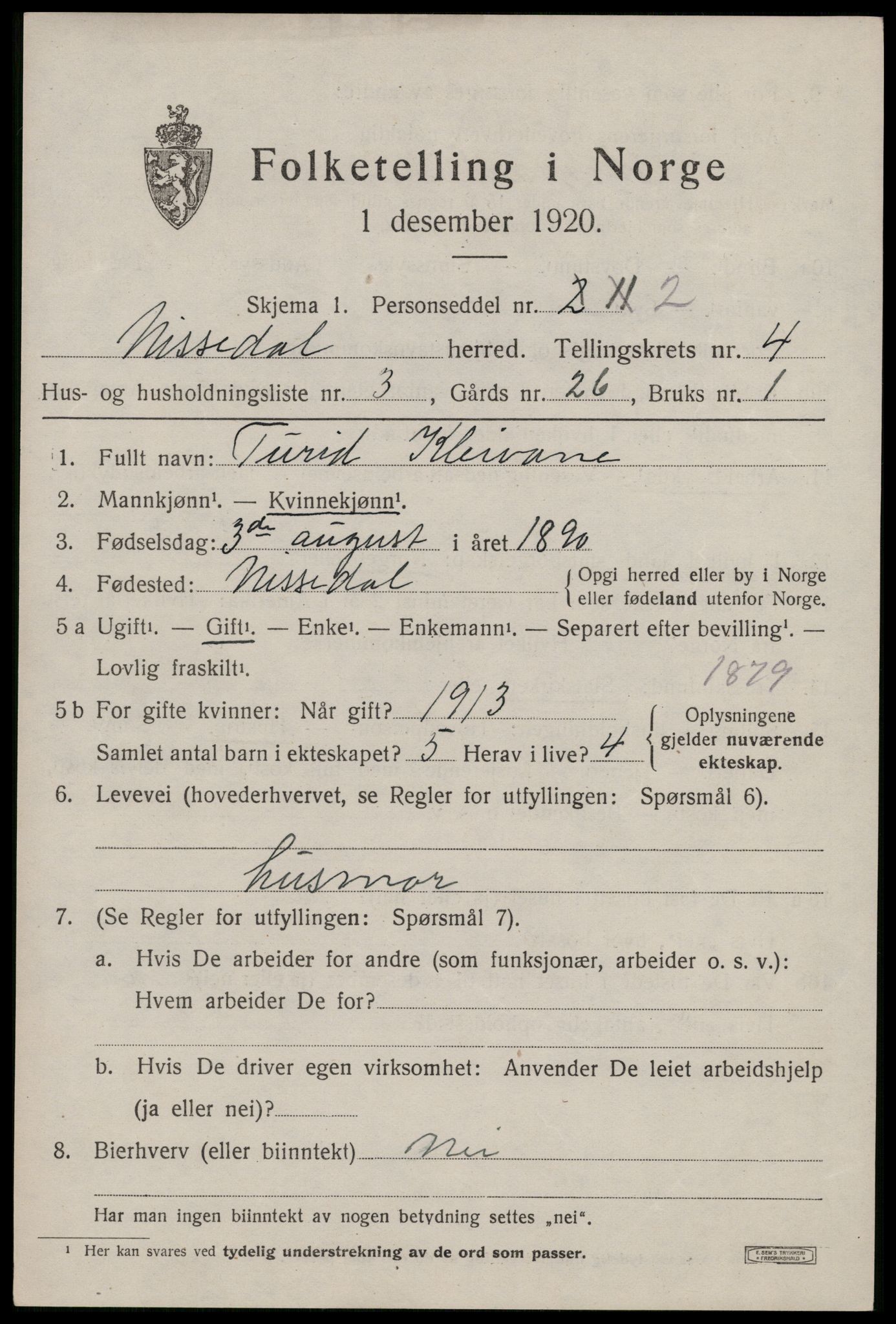 SAKO, 1920 census for Nissedal, 1920, p. 1847