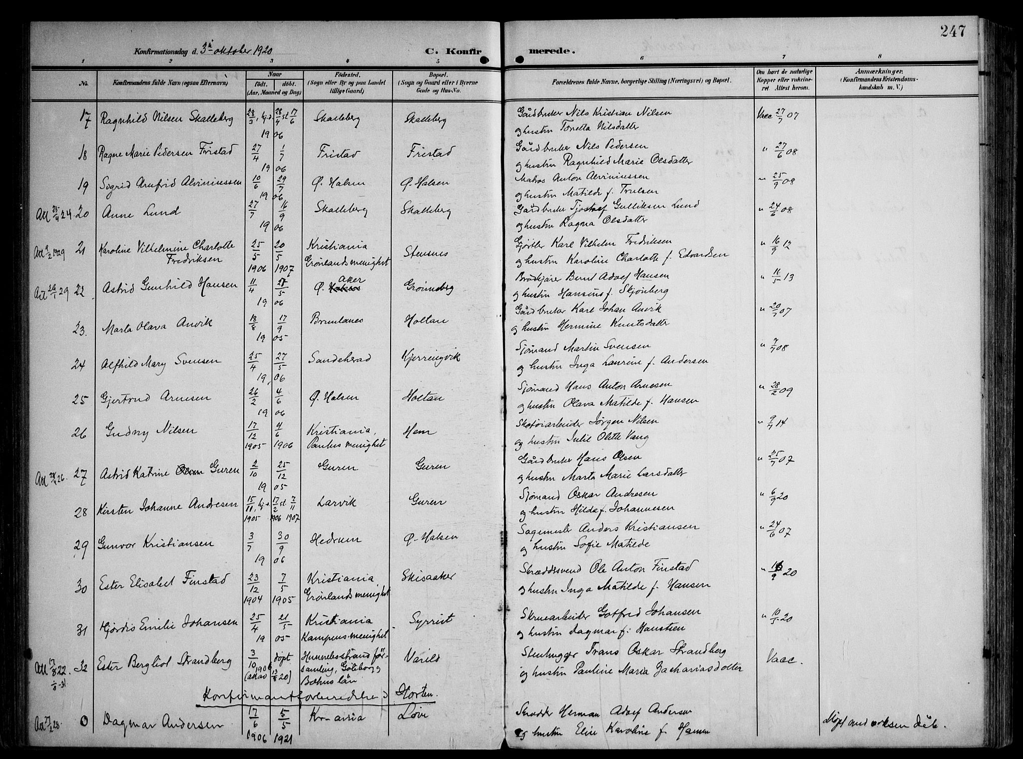 Tjølling kirkebøker, AV/SAKO-A-60/F/Fa/L0010: Parish register (official) no. 10, 1906-1923, p. 247