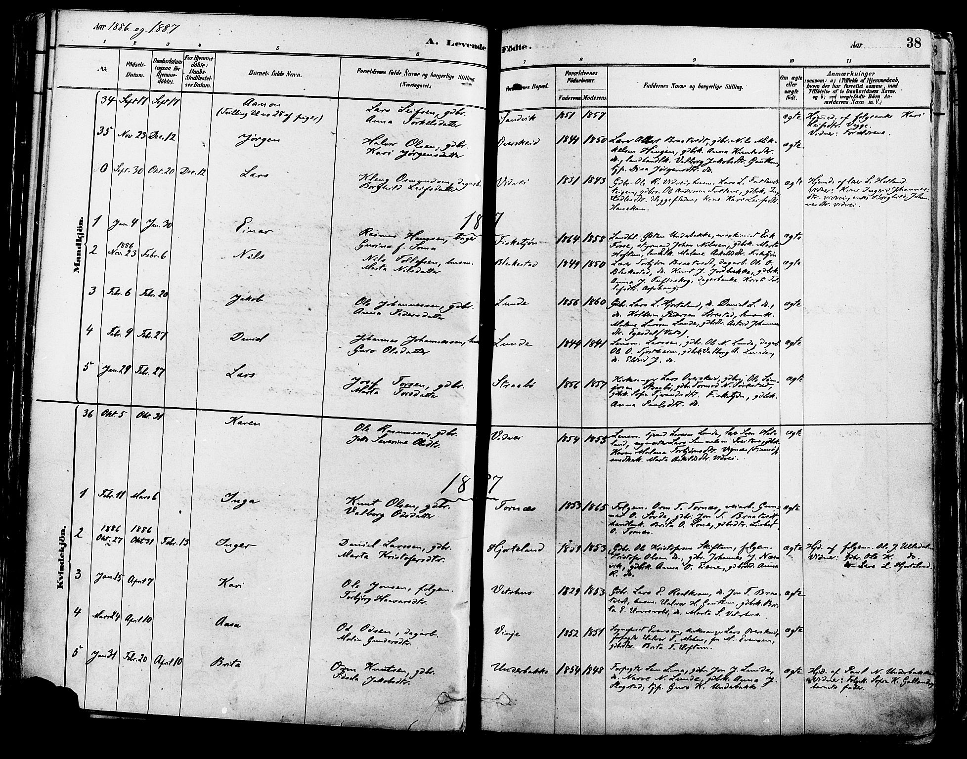 Suldal sokneprestkontor, AV/SAST-A-101845/01/IV/L0011: Parish register (official) no. A 11, 1878-1900, p. 38