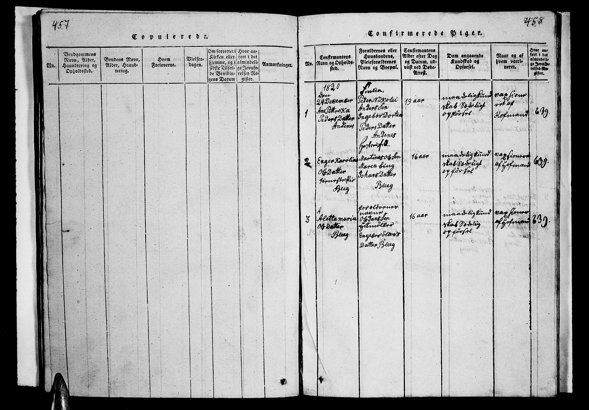 Ministerialprotokoller, klokkerbøker og fødselsregistre - Nordland, SAT/A-1459/899/L1446: Parish register (copy) no. 899C01, 1820-1868, p. 457-458