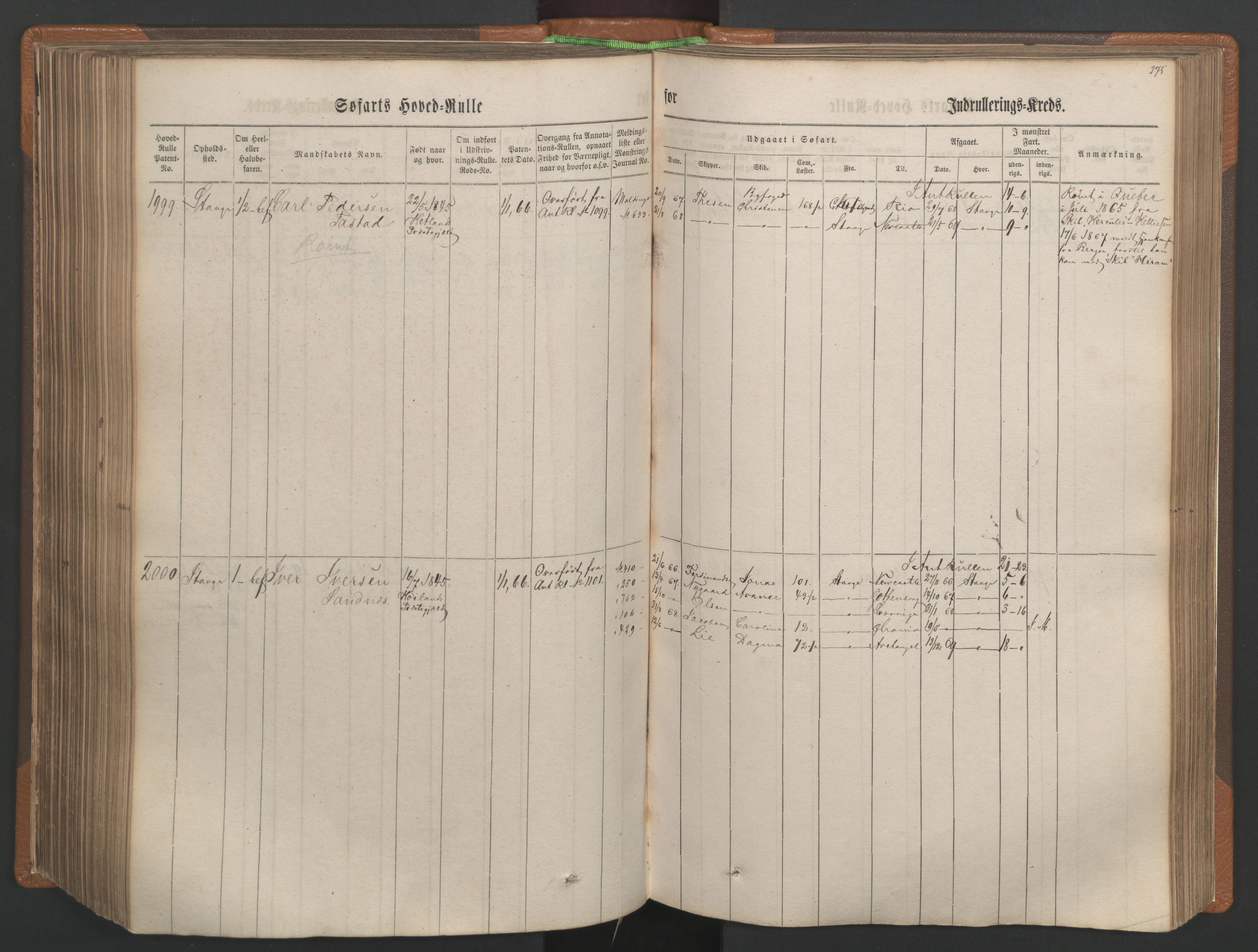 Stavanger sjømannskontor, AV/SAST-A-102006/F/Fb/Fbb/L0003: Sjøfartshovedrulle, patentnr. 1451-2270, 1863, p. 291