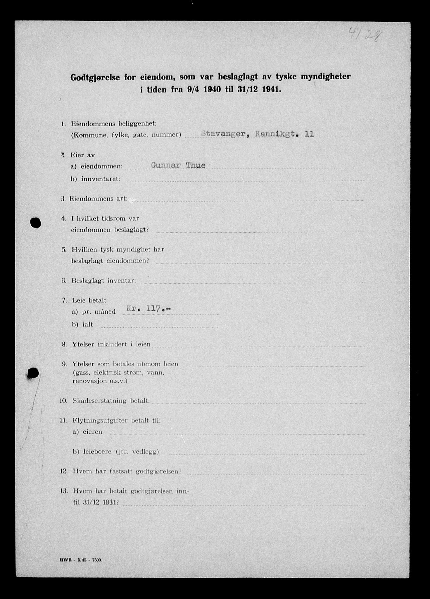 Justisdepartementet, Tilbakeføringskontoret for inndratte formuer, AV/RA-S-1564/I/L1014: Godtgjørelse for beslaglagt eiendom, 1940-1941, p. 141