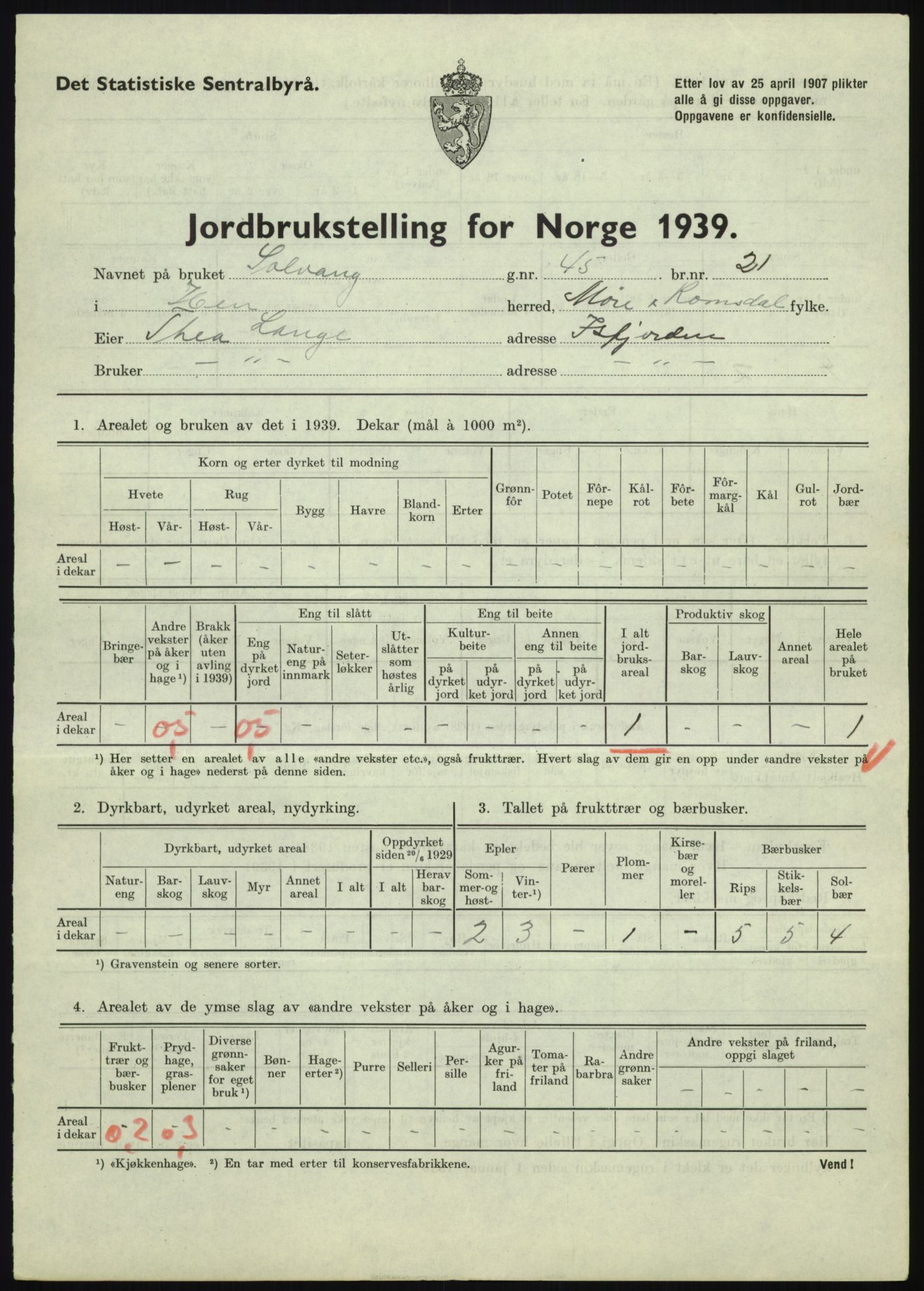 Statistisk sentralbyrå, Næringsøkonomiske emner, Jordbruk, skogbruk, jakt, fiske og fangst, AV/RA-S-2234/G/Gb/L0251: Møre og Romsdal: Voll, Eid, Grytten og Hen, 1939, p. 933